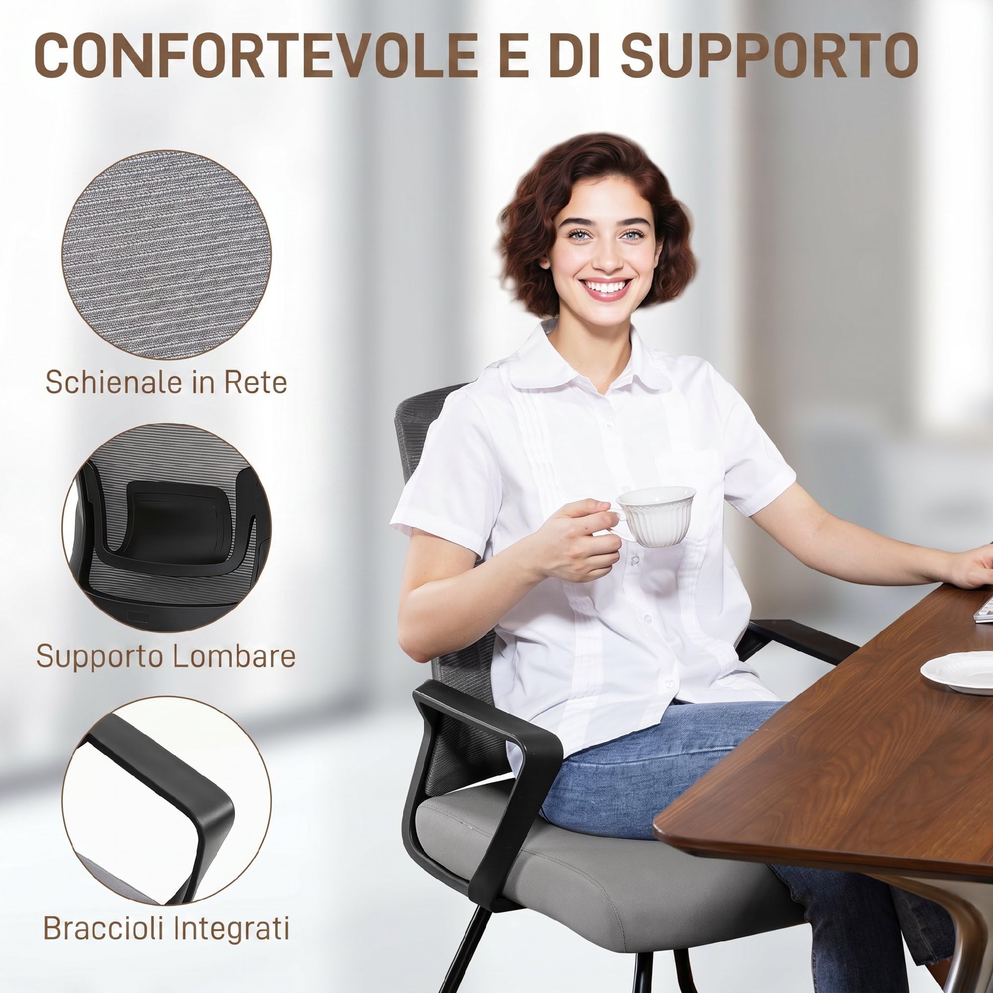 HOMCOM Sedia Ufficio Senza Ruote, in Tessuto Rete Traspirante Grigio Scuro | Sedia per Sala d'Attesa e Sala Conferenze, Supporto per Lombare, Braccioli, Poltrona Ergonomica per Ospiti e Visitatori