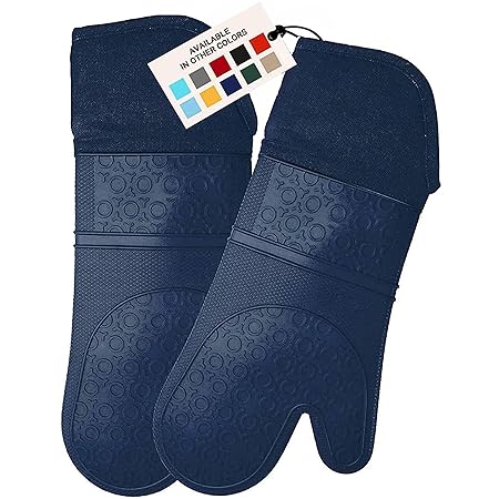 HOMWE Extra Long Professional Silicone Oven Mitt, Oven Mitts with Quilted Liner, Heat Resistant Pot Holders, Flexible Oven Gloves, Navy Blue, 1 Pair, 14.7 Inch