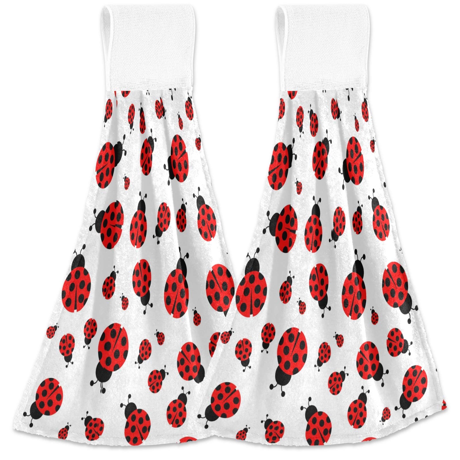 visesunny Cute Ladybug Hanging Tie Towels 2 Pack Kitchen Hand Towels Dishcloths Sets with Loop Soft Cotton Absorbent Hand Towels for Bathroom Gym Restaurant Hotel BBQ Machine Washable