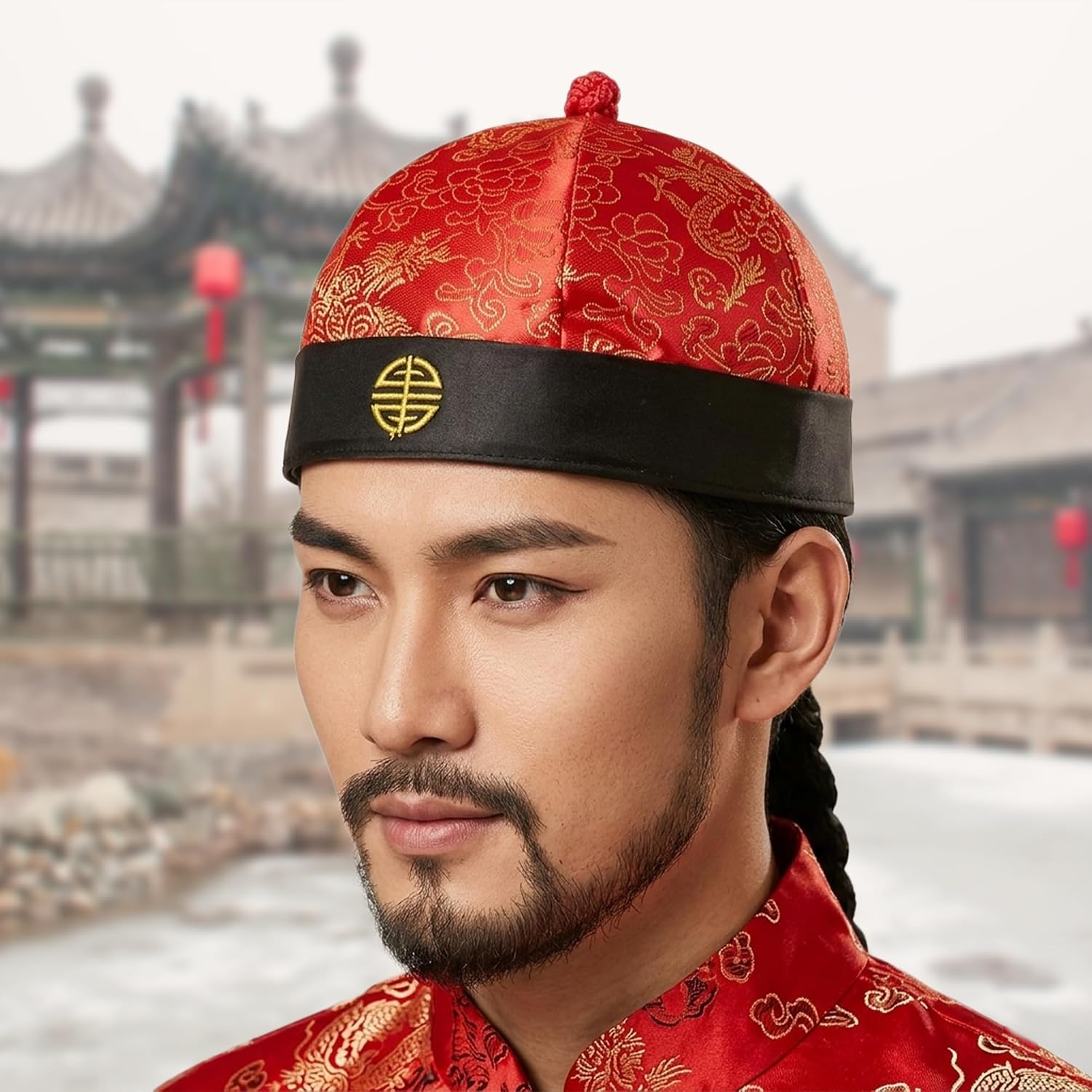 Chinese Oriental Hat for Men Emperor Red New Year Traditional Costume Adult Ancient Royal Role Play Decorative Cosplay Qing Dynasty Asian with Ponytail Party Cap Stage Performance Dress Photography