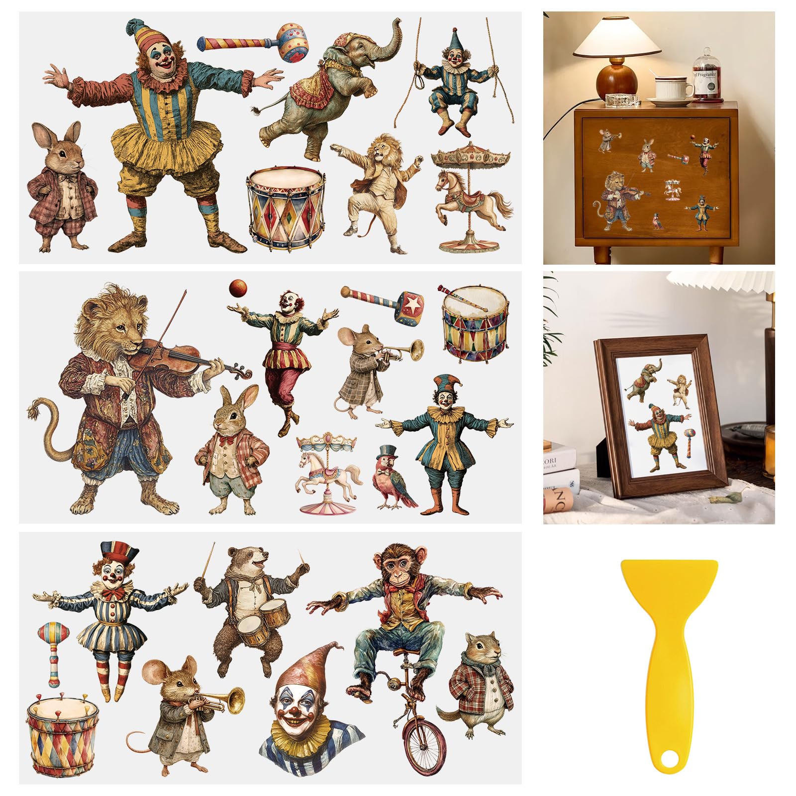 HICOHAND Rub On Transfers for Crafts, 3pcs Retro Circus Transfers UV DTF Stickers Waterproof Decals Furniture for Cup Wood Scrapbook DIY Home Door