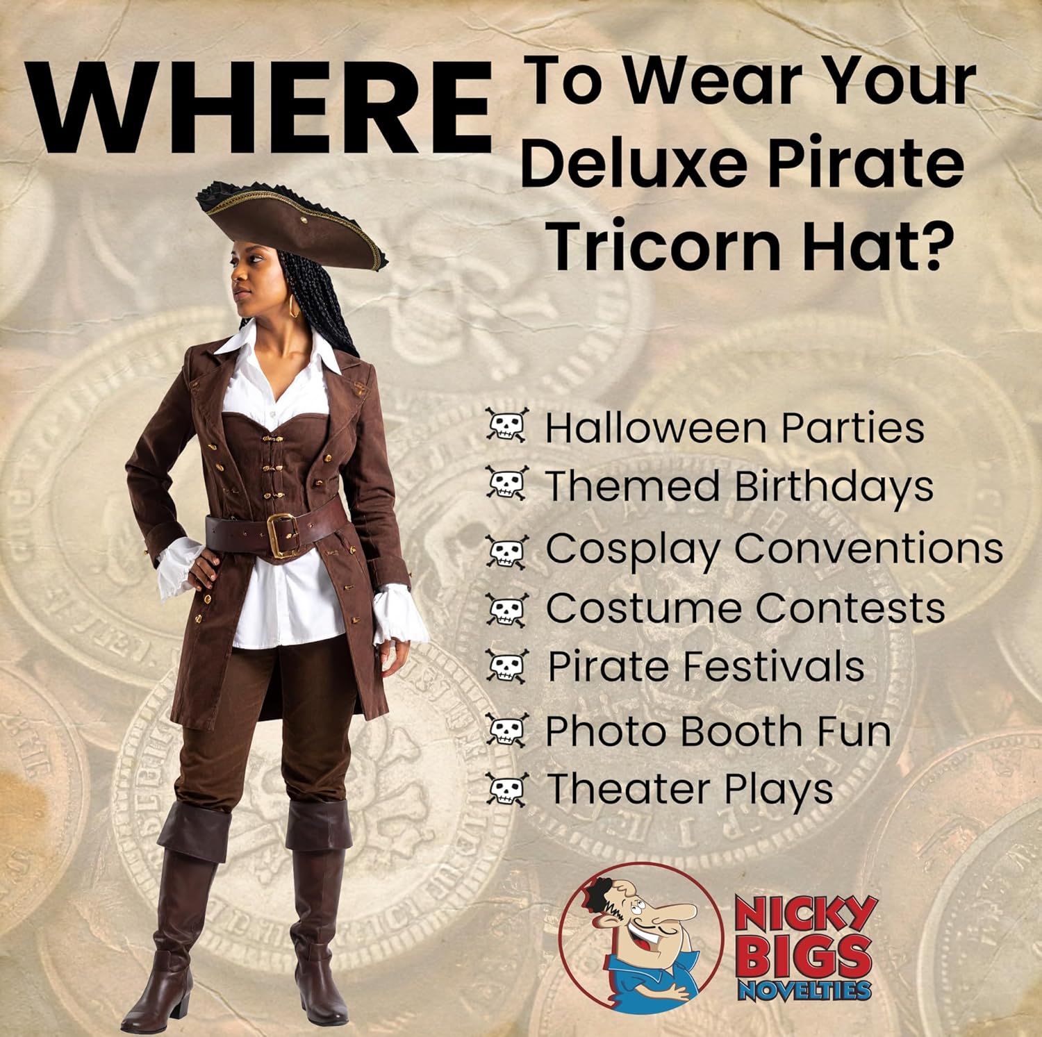 Nicky Bigs Novelties Morph Black Pirate Hat For Women, Tricorn Hat For Adults, Captain Hats, Buccaneer Cap