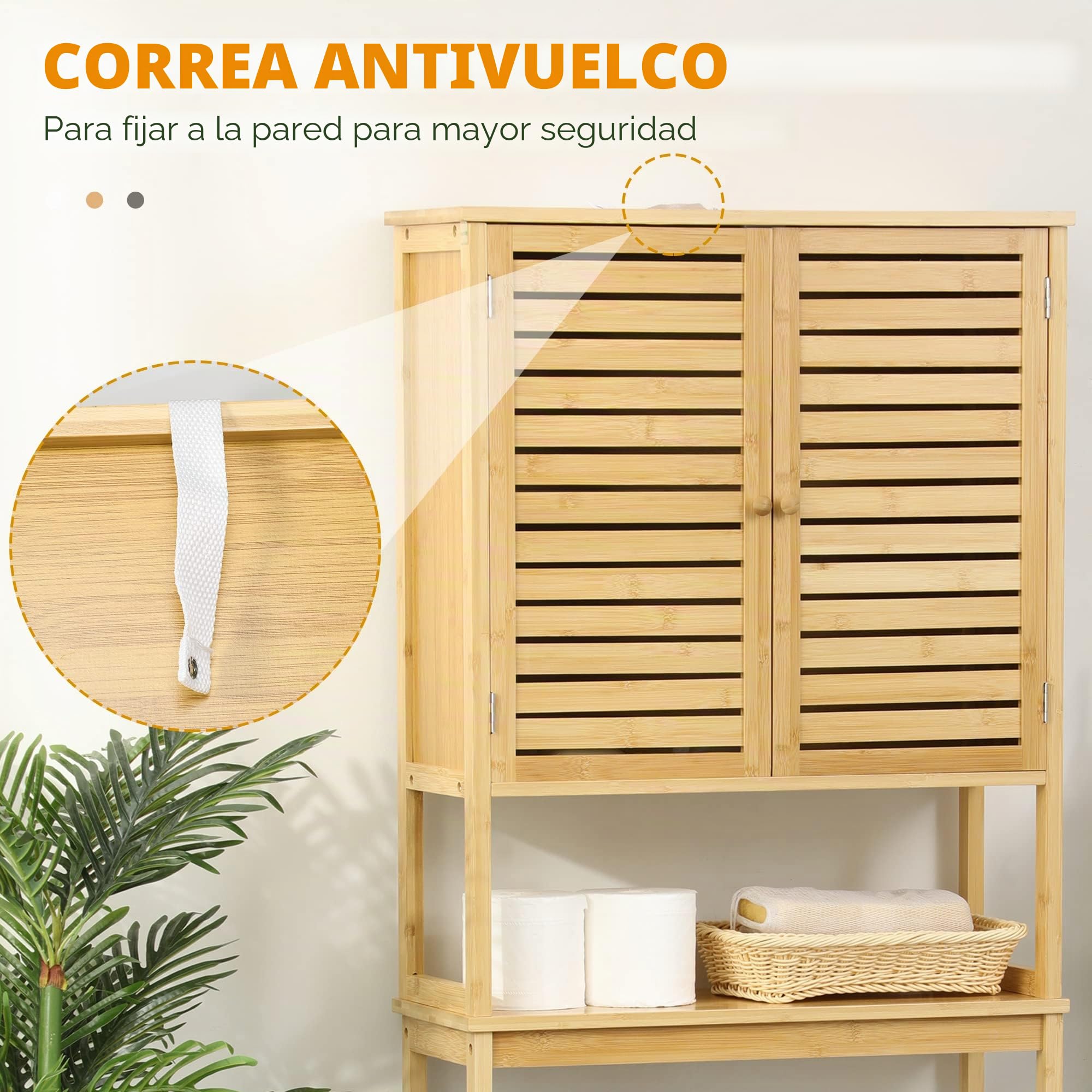 kleankin Mueble de Bambú sobre Inodoro Armario Alto para Lavadora con 2 Puertas 1 Balda Interior y 1 Estante de Almacenaje para Baño 60x23x173 cm Natural