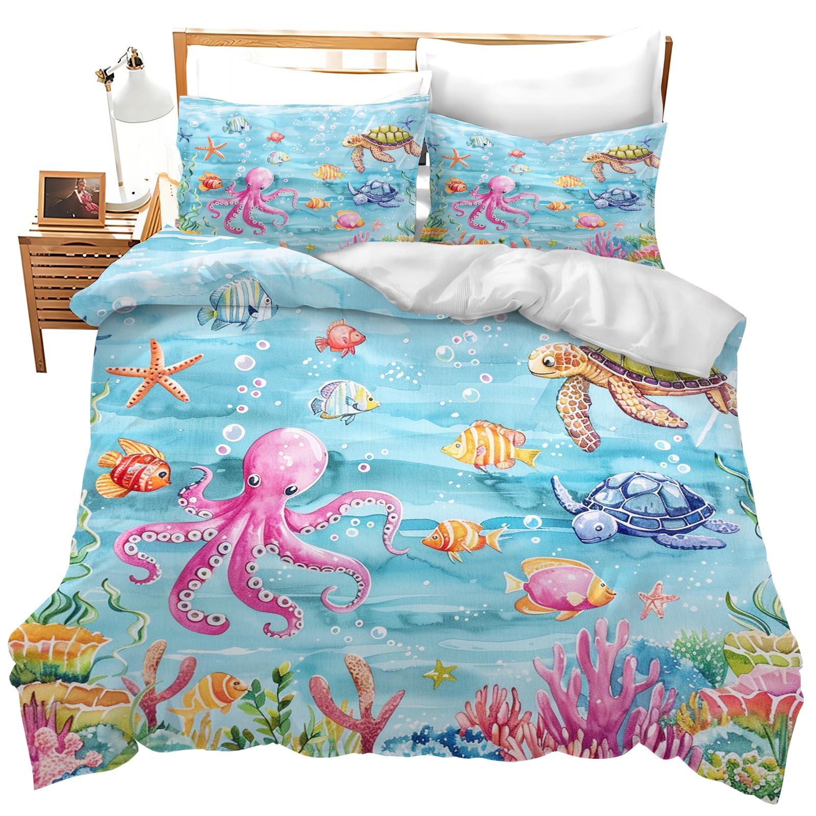 jerkboo Ocean Animal Bedding Set Turtle Octopus Duvet Cover Twin Full Queen King Size Comforter Cover for Kids Adults Men Women Ocean Theme Quilt Cover Decorative Soft Bedding Set with 2 Pillowcases