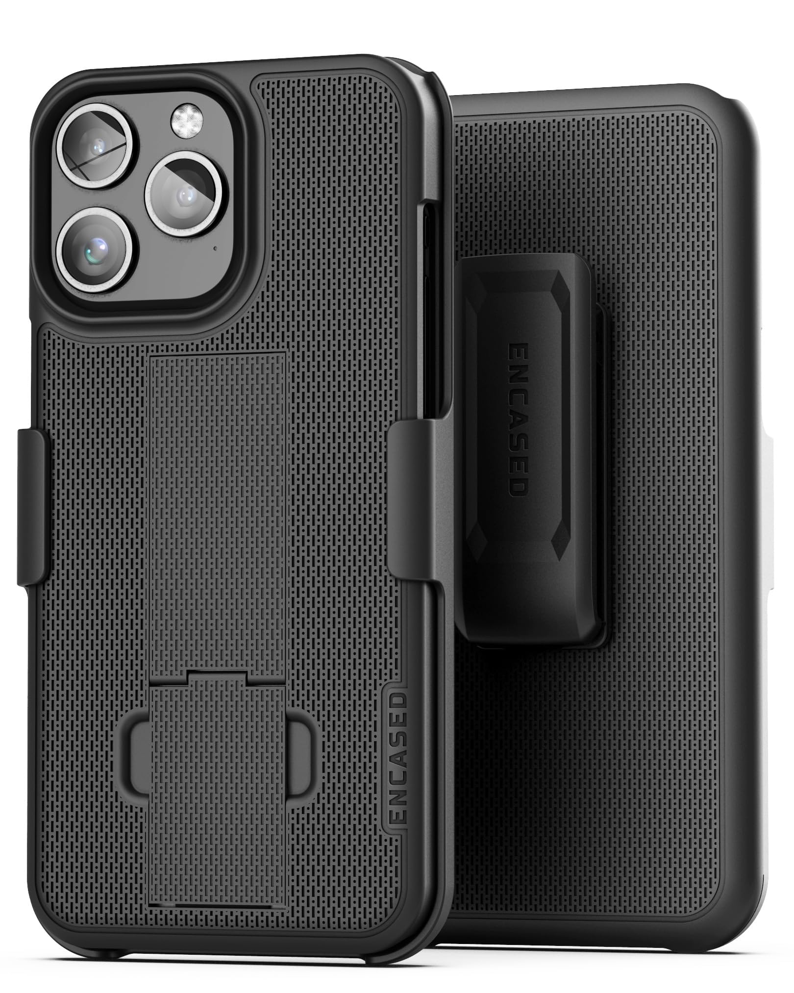 Encased DuraClip Designed for iPhone 15 Pro Case with Belt Clip Phone Holster and Tempered Glass Screen Protector (iP15-PRO 6.1") Matte Black