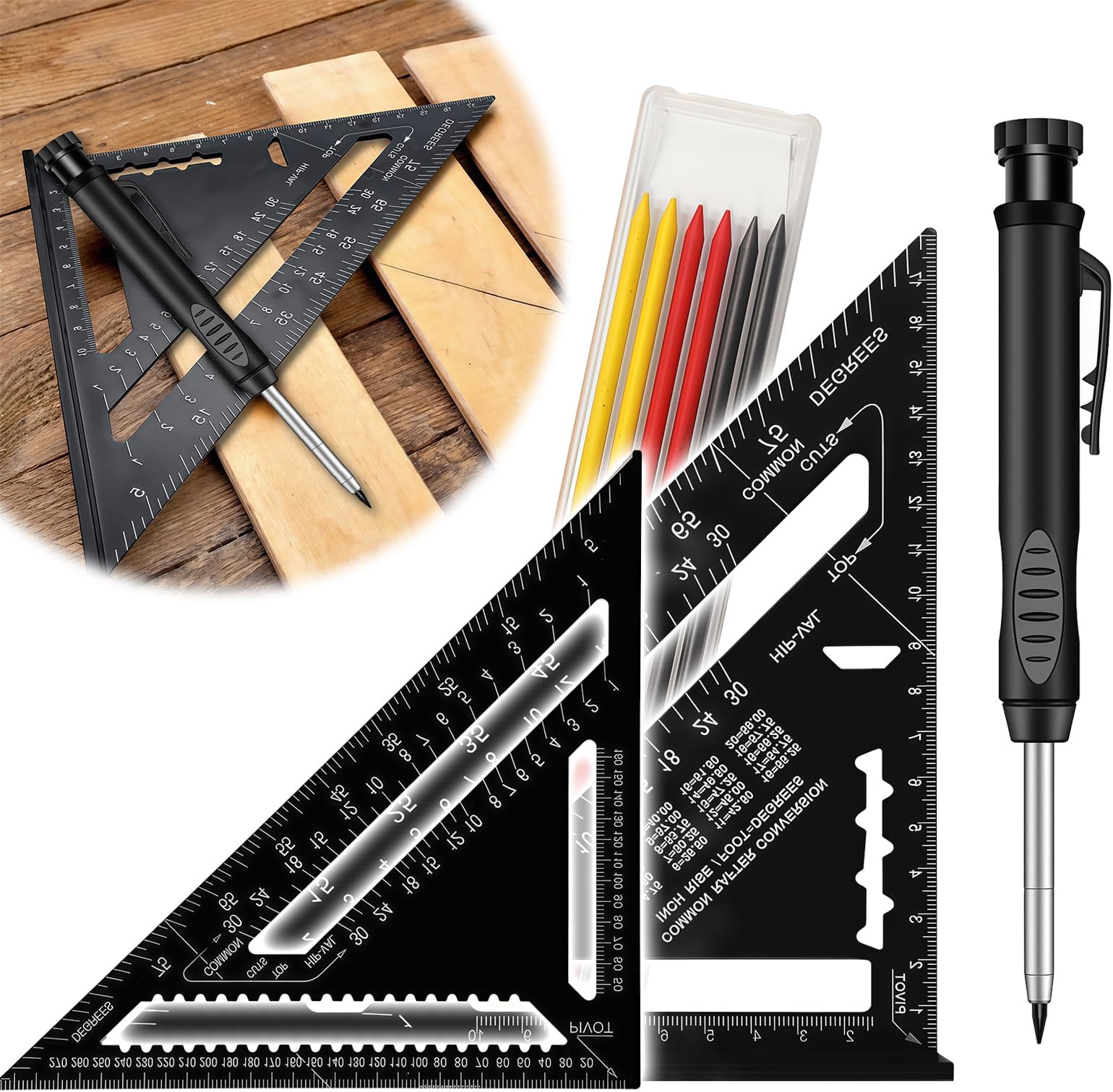 Carpenter's Square Set, Multifunctional Ruler, Angle Guide, Try Square, Carpenter's Square, Protractor Angle, 45 and 90 Degree Angle Marking Gauge for Woodworking, Woodworking Tool