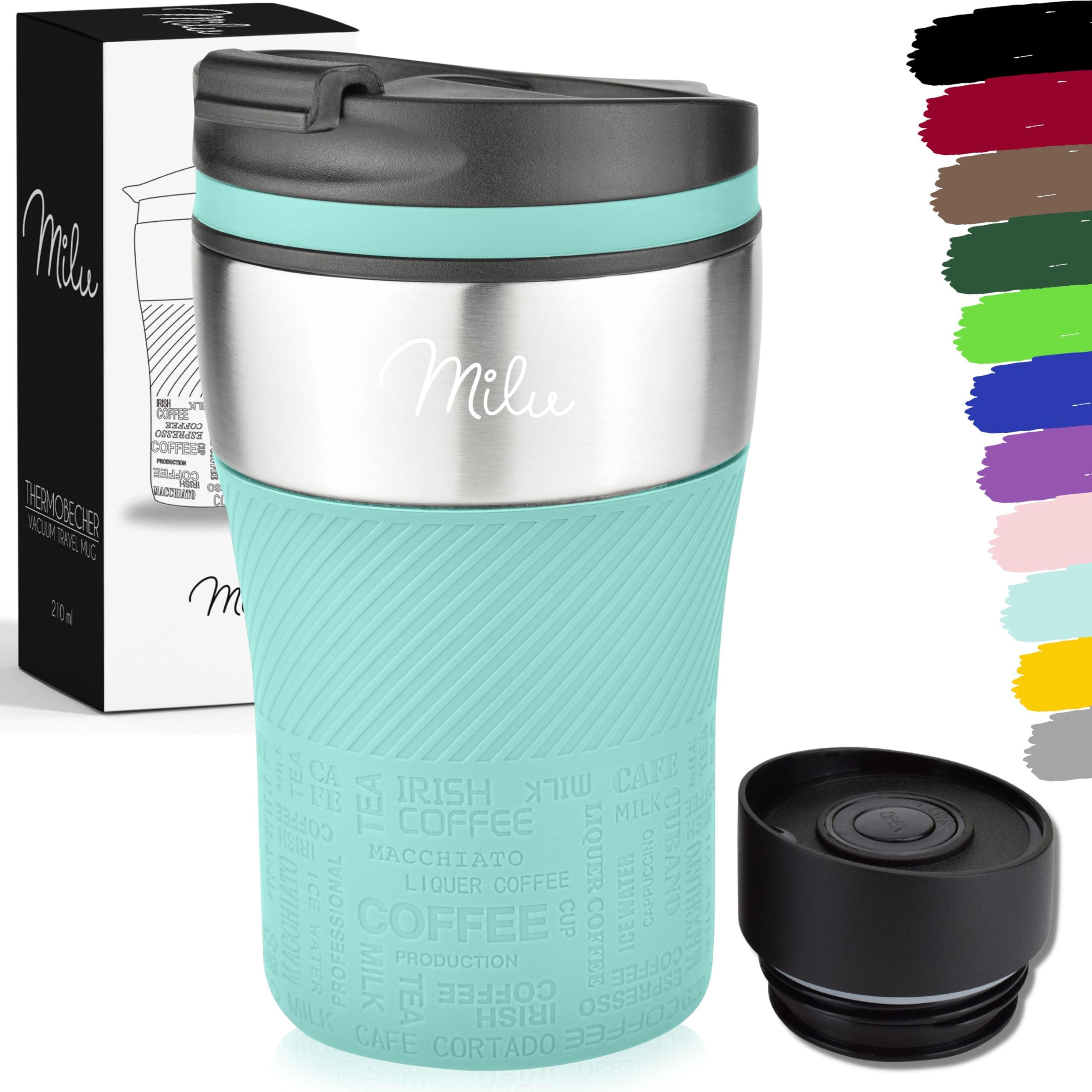 Milu Stainless Steel Insulated Travel Mug - 210ml Leak Proof - Double Wall Insulation - Coffee Mug to go (Teal)