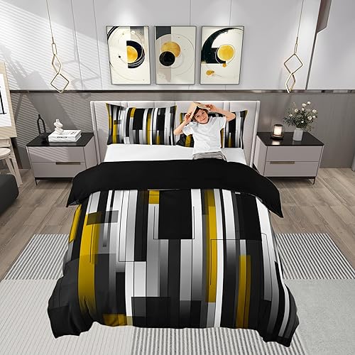 Miniatura 21 de Funda de edredón abstracta de color negro y morado, tamaño Queen, funda de edredón de geometría moderna con 2 fundas de almohada para adolescentes