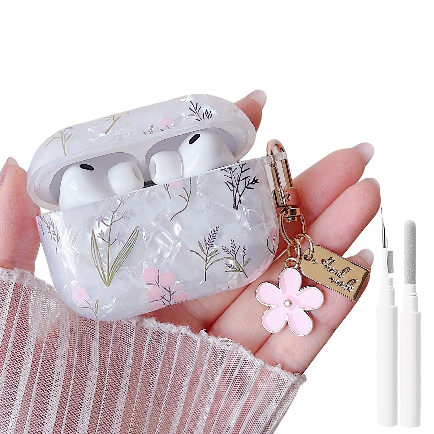 MINSCOSE for Cute Glitter AirPods Pro 3 Case,Shell Pattern Pretty Flower Design with Trendy Floral Keychain,Soft TPU Protective Cover for Girls Women for AirPods Pro 3-Colorful