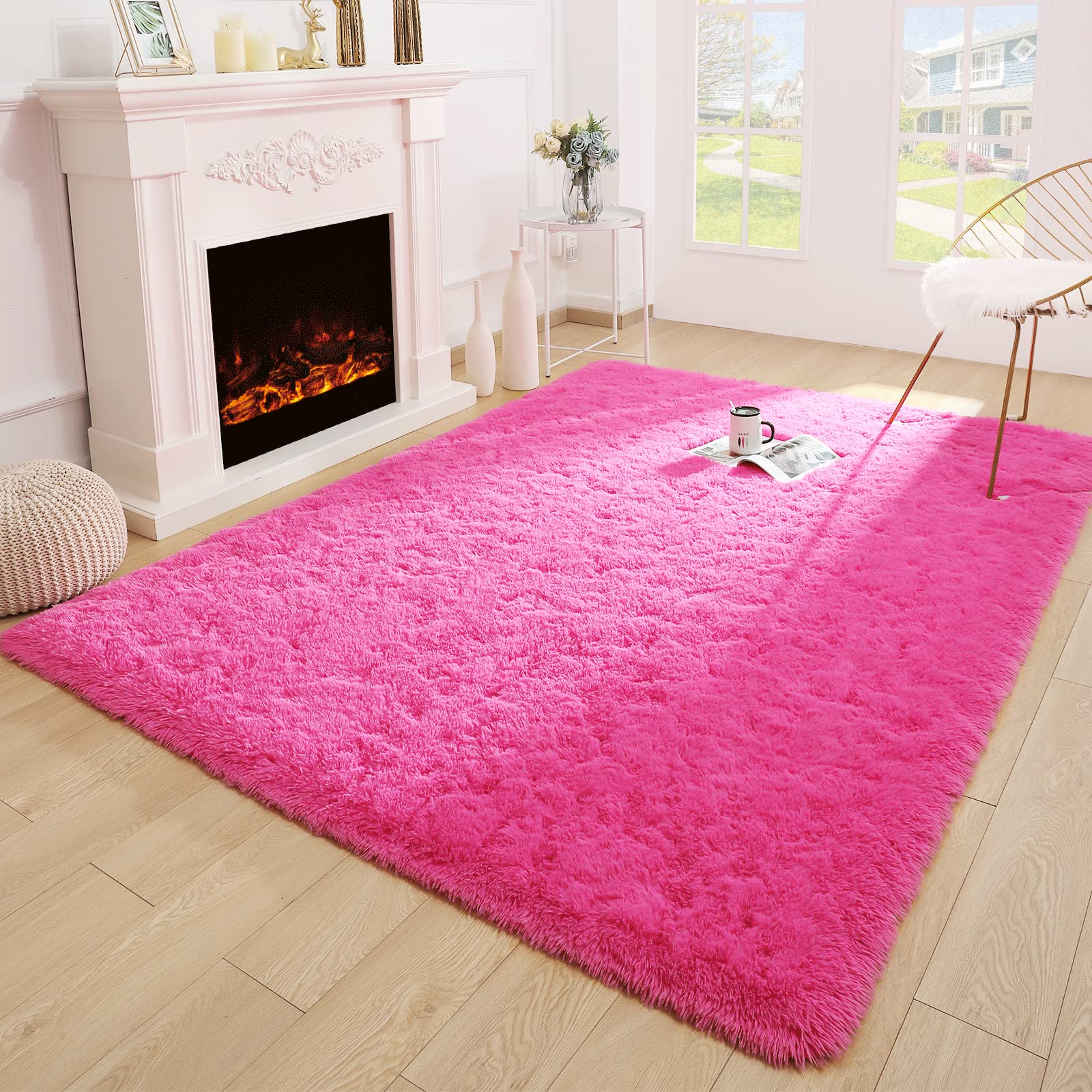 Merelax Soft Modern Indoor Large Shaggy Rug for Bedroom Livingroom Dorm Kids Room Home Decorative, Non-Slip Plush Fluffy Furry Fur Area Rugs Comfy Nursery Accent Floor Carpet 5x8 Feet, Hot Pink