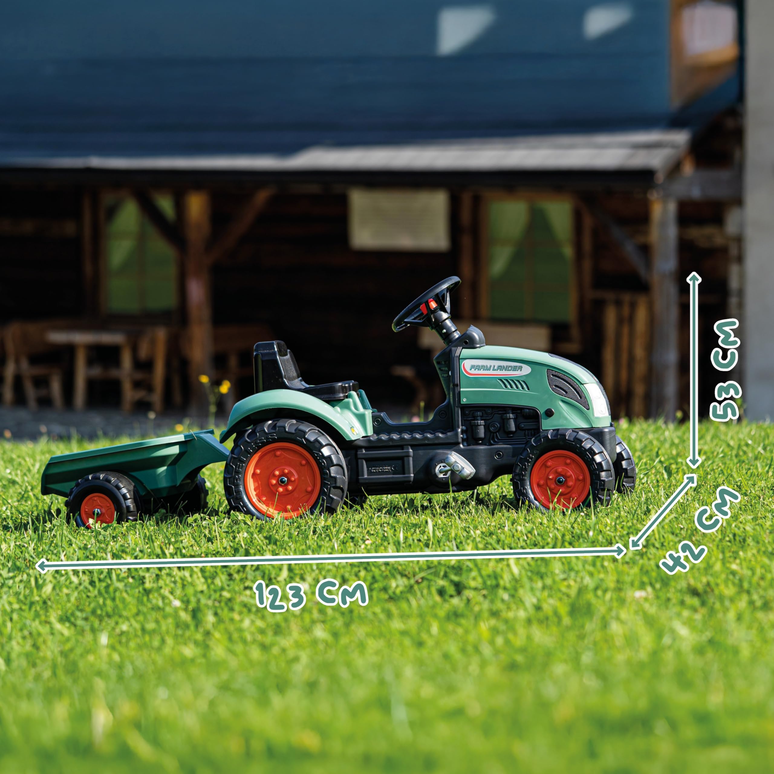 FALK - Trattore a pedali Farm Lander con rimorchio - Da 2 Anni - 50% plastica riciclata - Made in France - Volante con clacson - 2054L, verde scuro