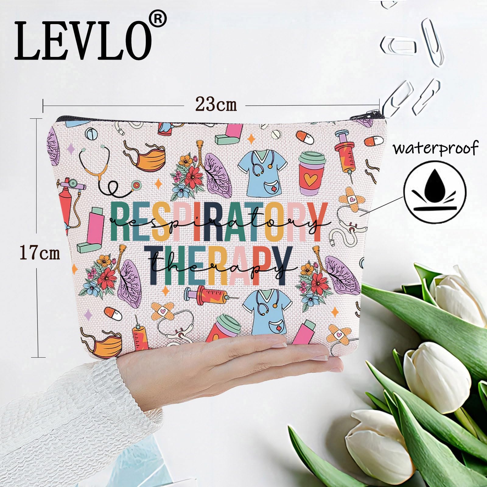 LEVLO Respiratory Therapy Cosmetic Make Up Bag RT Appreciation Gift Respiratory Therapist Makeup Zipper Pouch Bag, RT Full, Make Up Bag - Image 2