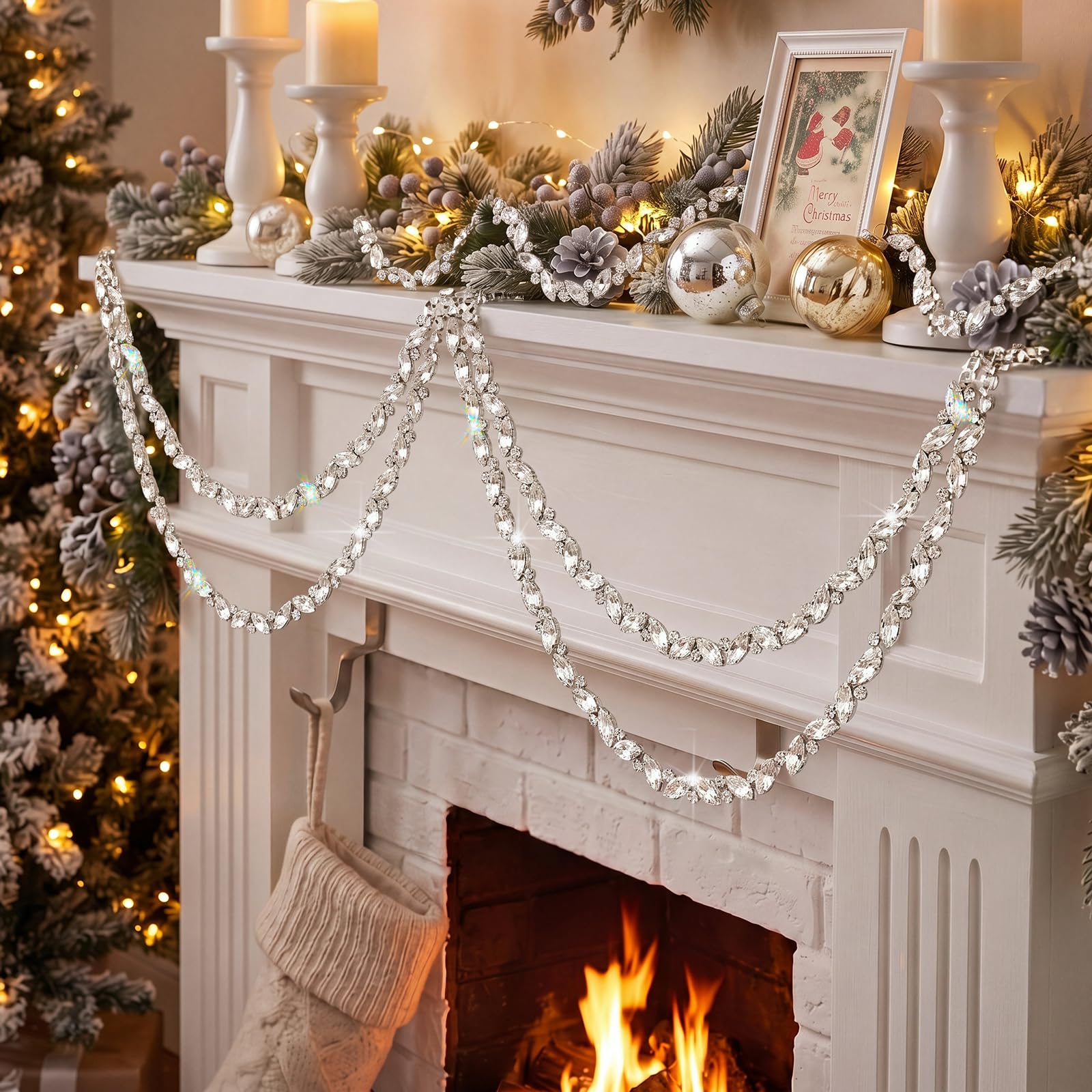Yookeer Guirlande de perles en cristal argenté de 3,7 m pour sapin de Noël, navette à suspendre et fil rond en strass pour maison, couronne, cheminée, rampe, décoration de fête de mariage