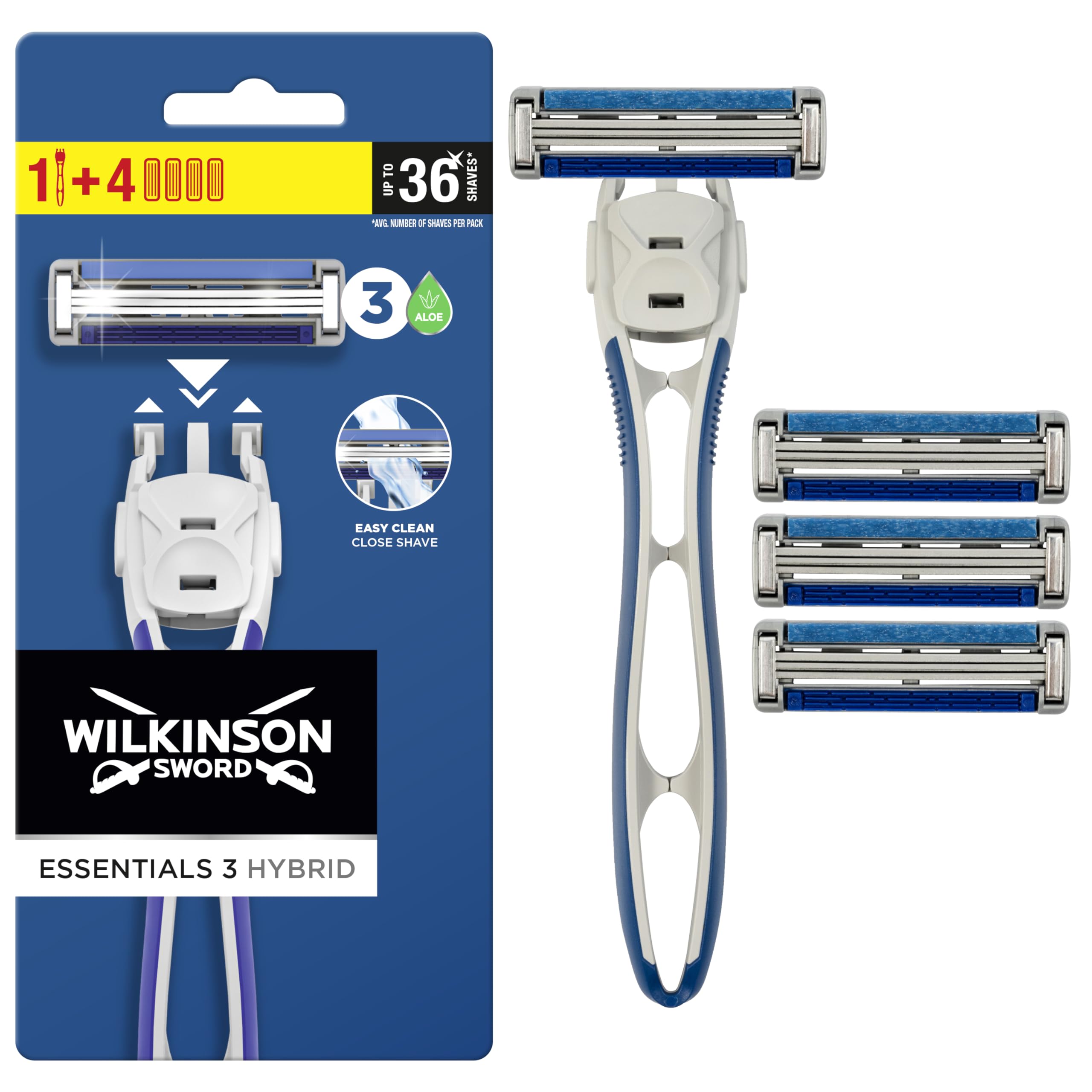 Wilkinson Sword - Extra 3 Essentials Hybrid Disposable Shaver - Men's 3-Blade Shaver - Pack of 1 Razor + 4 Chargers