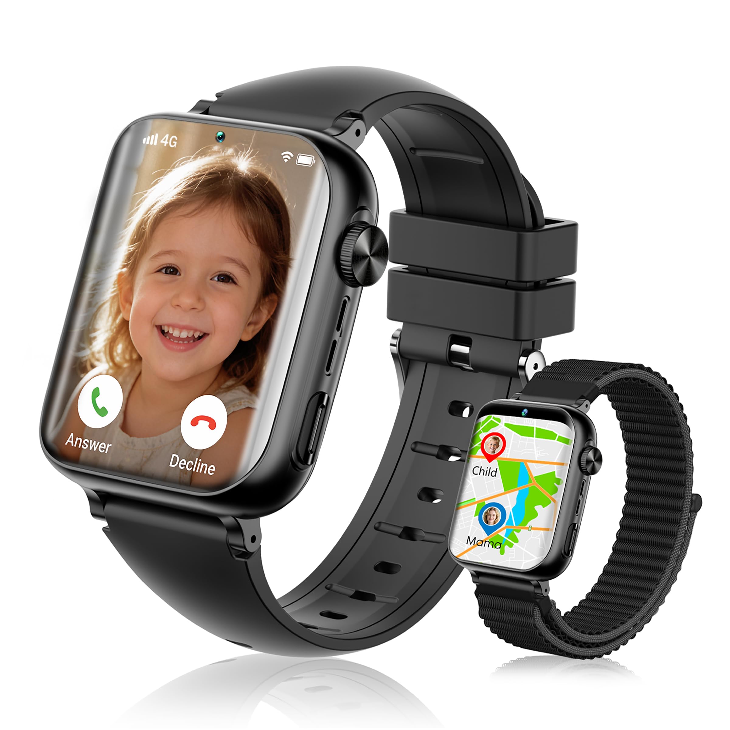 Orologio Smartwatch Bambini, 1.83" Touchscreen, con 4G Telefono/Chat/Video, GPS+LBS+WiFi Posizionamento, SOS, Modalità Scuola, IP68 Impermeabile, Regalo di Compleanno per Bambino (Nero)