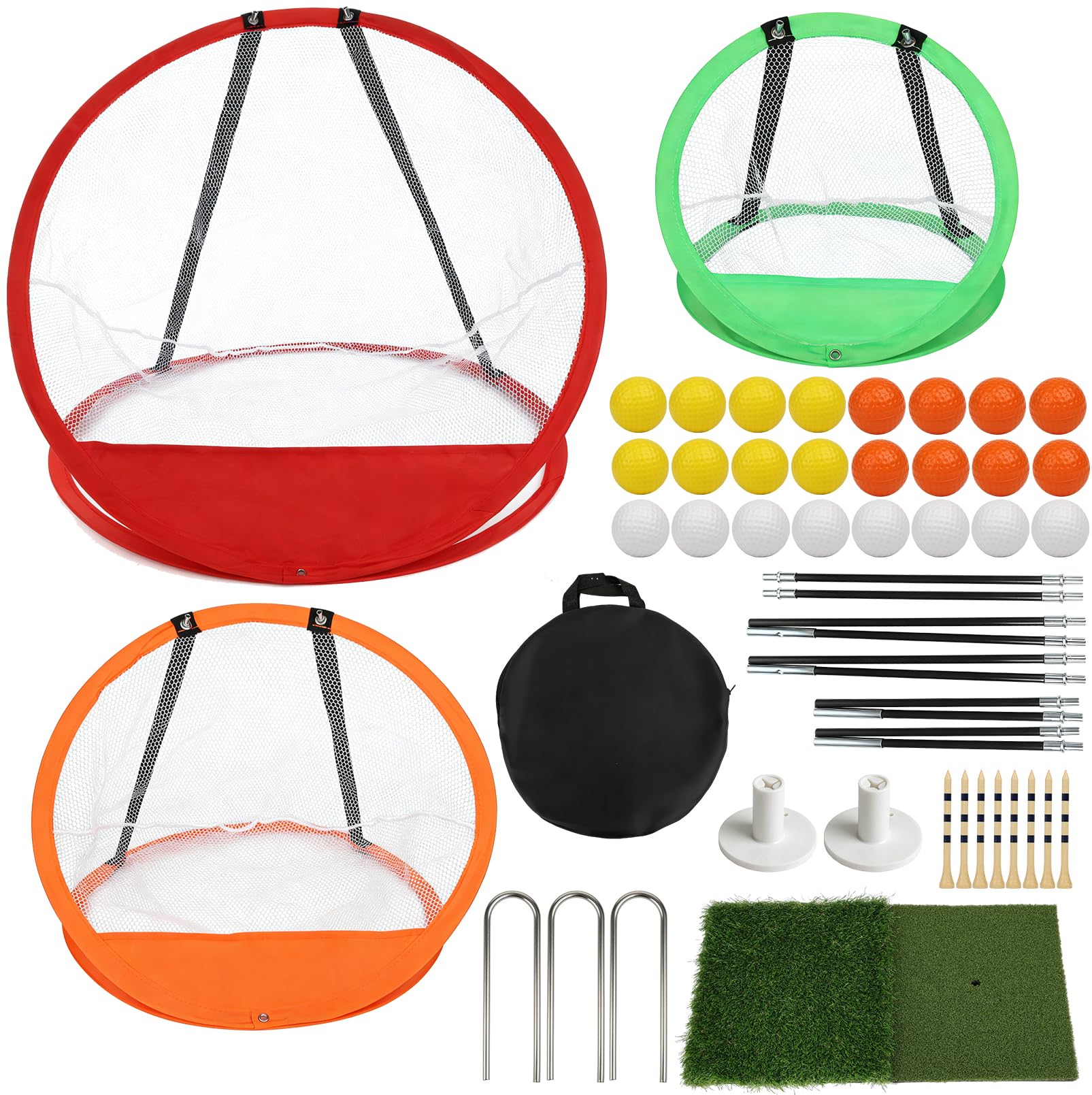 Golf Übungsnetz Set, Golf Chipping Netz mit 3 Farbigen Chipping Netzen, GolfTrainingsnetz Kit mit Doppelte Rasenmatte,12 PU Übungsbällen,5 Tees,Indoor Outdoor GolfSimulator für Garten Terrasse Übung