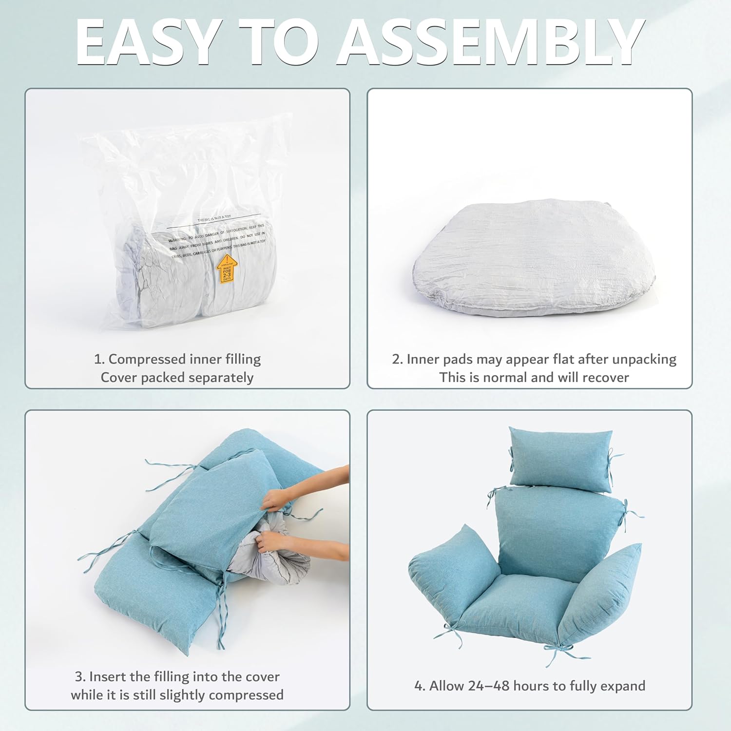 Egg Chair Cushion with 8 Securing Straps, Water-Repellent & Fade-Resistant Faux Linen, Removable Cover, Replacement Cushion for Most Single Outdoor Hanging Swing Egg Chairs – Teal