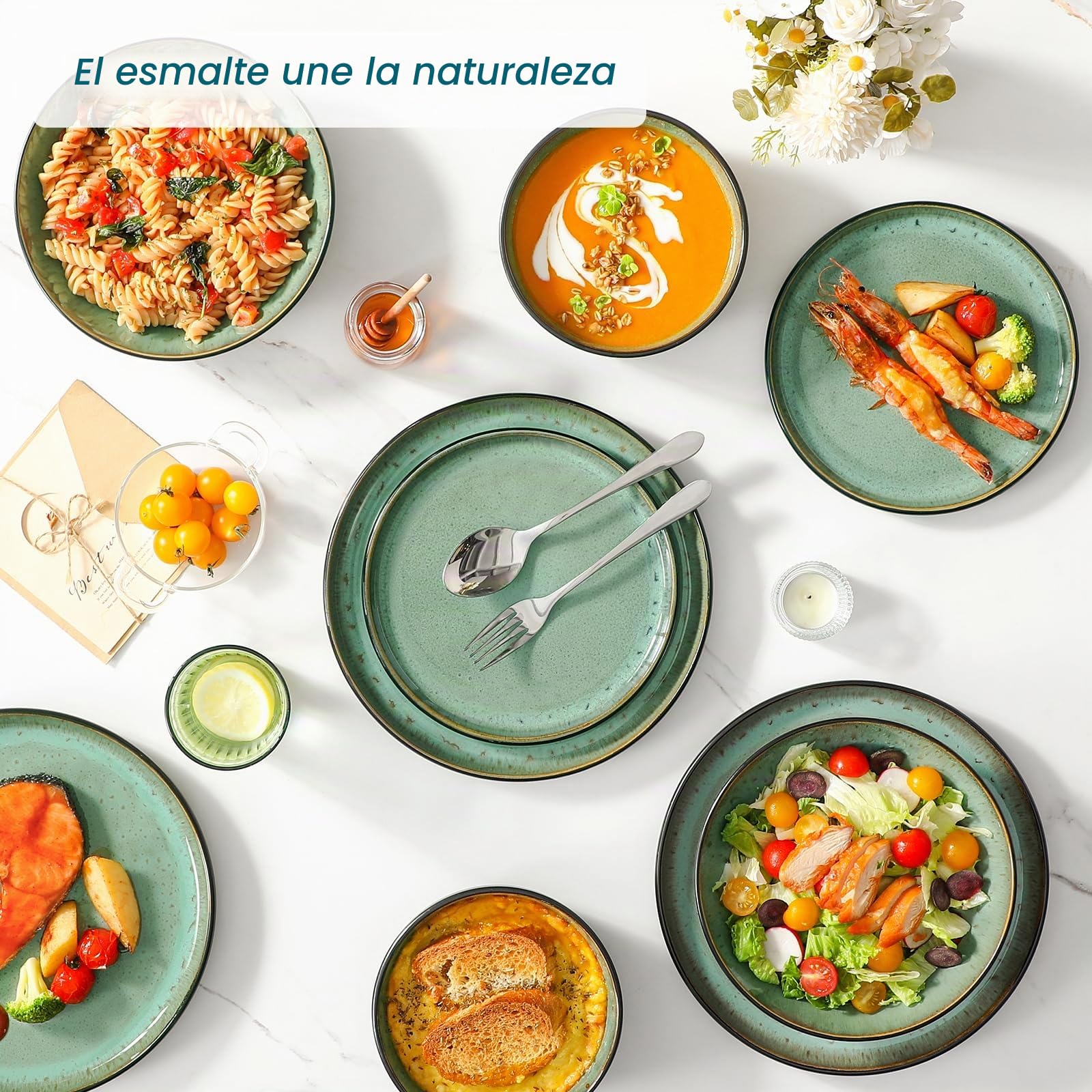 vancasso AMBER Juego de Vajilla Completo para 6 Personas, Plato Vajilla 24 Piezas de Gres - Platos Llanos, Platos de Postre, Ensaladeras y Cuencos - Apto para Lavavajillas, Esmalte Reactivo Verde
