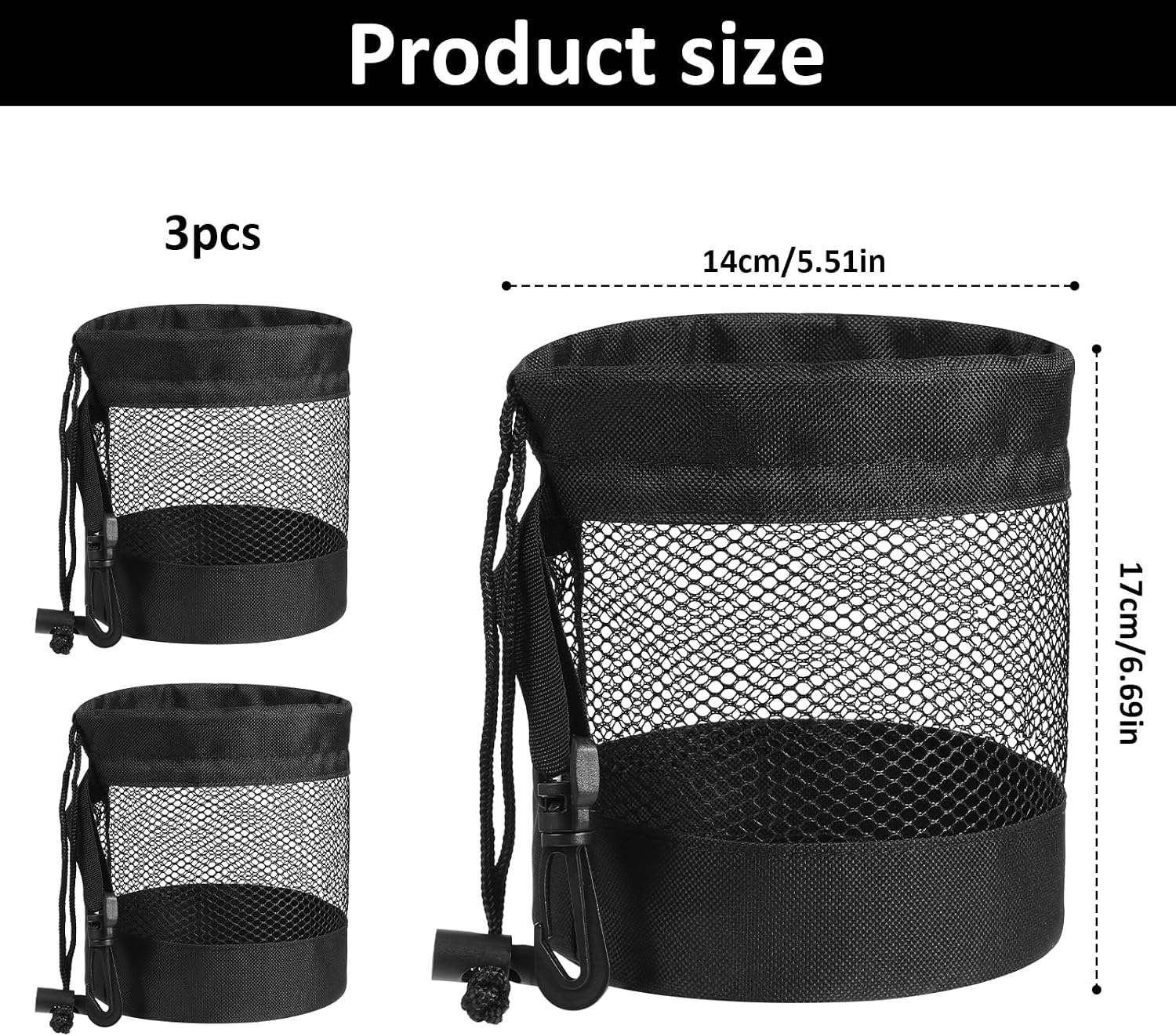 3 PCS Golf Ball Bags with Drawstring, Nylon Mesh, for Practice | Golfing Balls Storage Organizer, Black