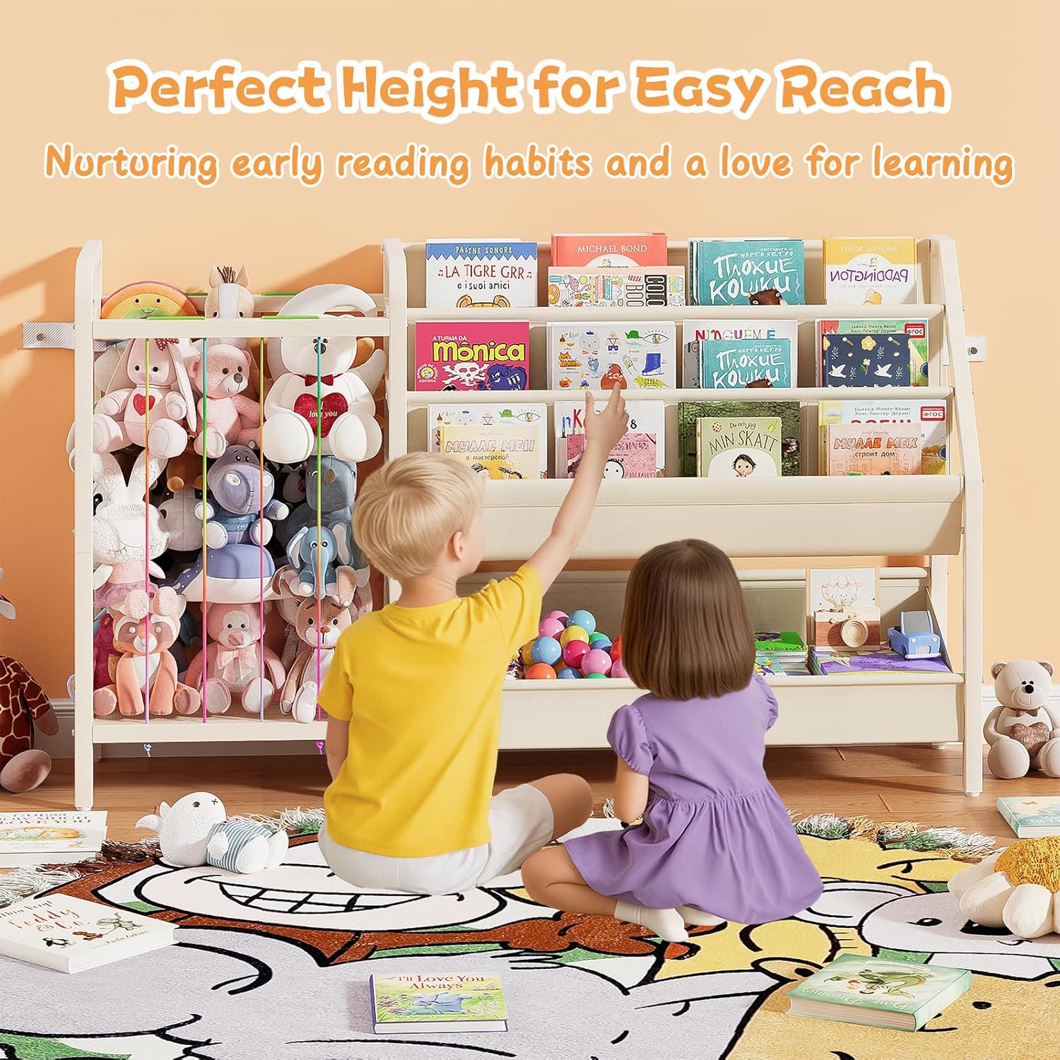 B5 Kids Bookshelf and Toy Storage, Book Shelf for Kids Rooms, Sling Toddler Book Shelves with Stuffed Animal Storage, Montessori Baby Bookcase for Nursery, Bedroom, Playroom, White