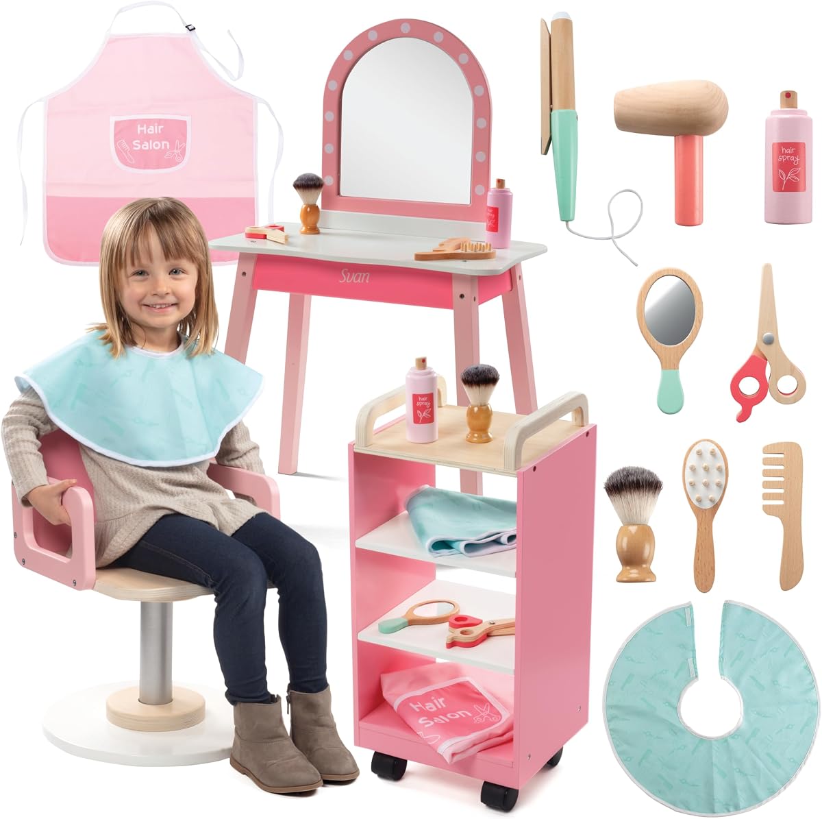 Juego de juego de madera para peluquería de simulación: espejo de tocador completo con silla, carrito rodante | Incluye secador de pelo, cepillo y herramientas de corte de peinado: centro de juego con soporte de peluquería para niñas, diversión para estilistas, regalo para niños