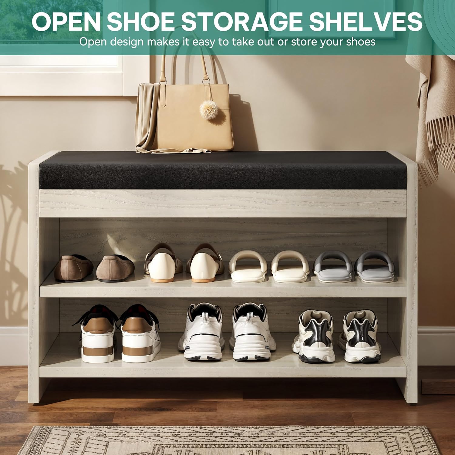 YITAHOME Shoe Bench with Storage, 2-Tier Shoe Bench, Entryway Shoe Storage with Cushion and Side Handles, 28.35" Shoe Rack Organizer for Hallway, Living Room, Bedroom, Off White