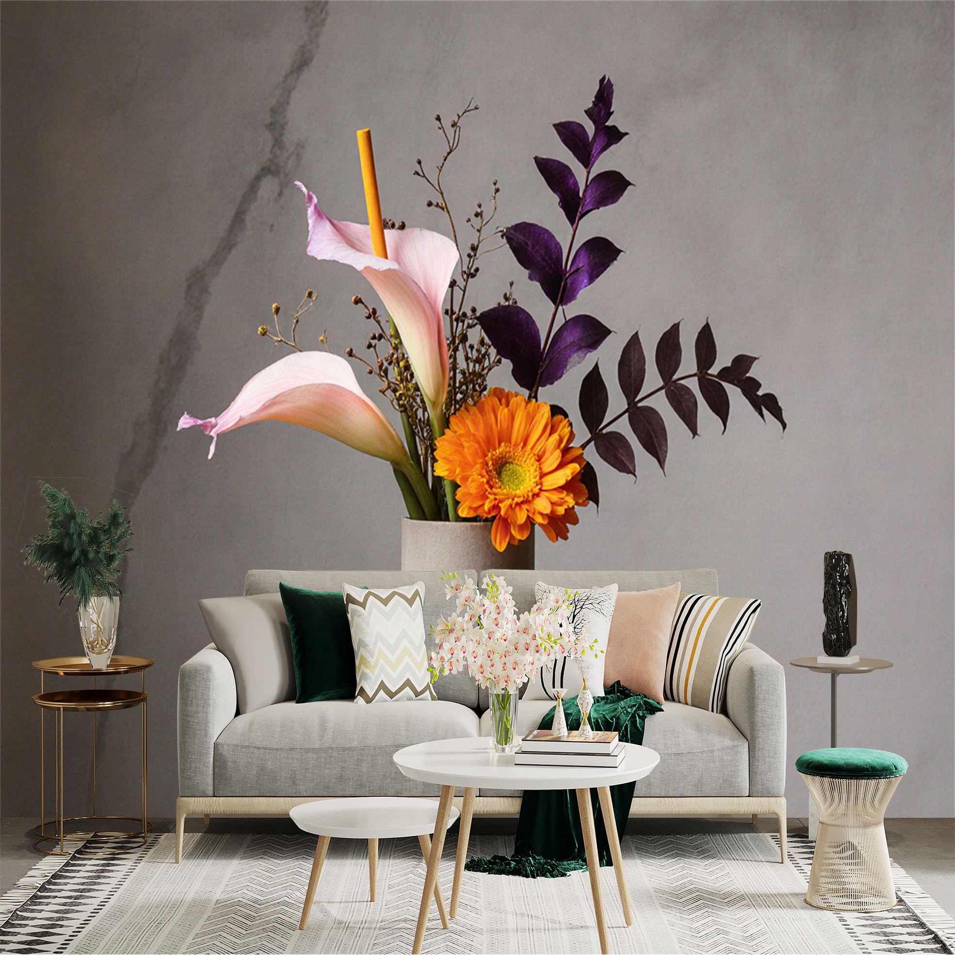 Custom Size Wall Sticker Mural， Still Life with Calla Lilies and Orange Daisy， Fresh Fruit and Aesthetic Floral Arrangement， for wall Decoration， peelandstick wall Decals.