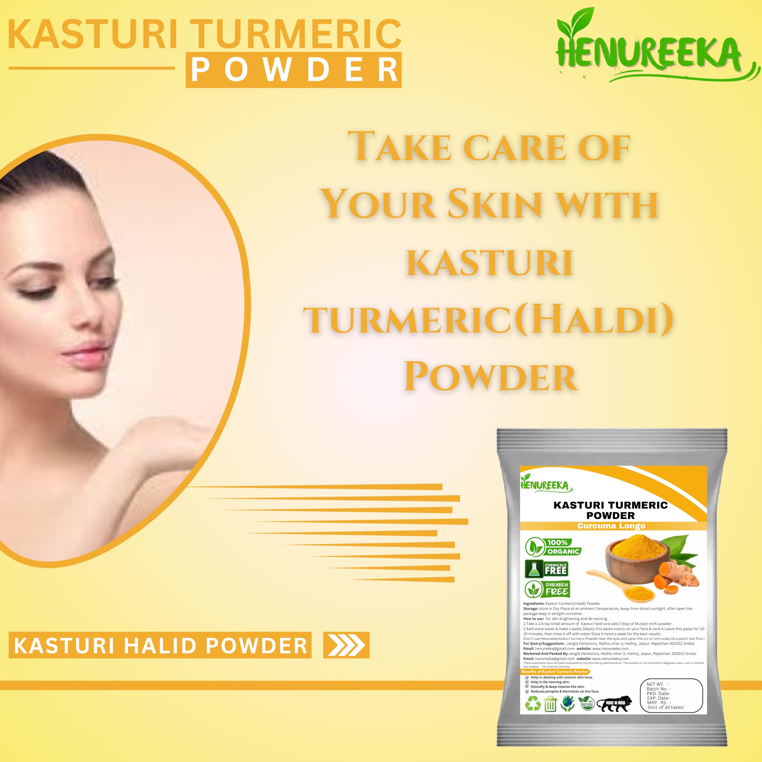 Kasturi Turmeric Powder (Curcuma Longo) 100% Organic, Chemical-Free, and Paraben-Free Skin Brightening & De-Tanning Natural Beauty Care (100g) — Amazon image 2