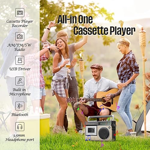 Miniatura 3 de Reproductor de cinta de casete portátil con radio estéreo AM FM SW, grabadora de casete Bluetooth con micrófono integrado, puerto USB, conector para