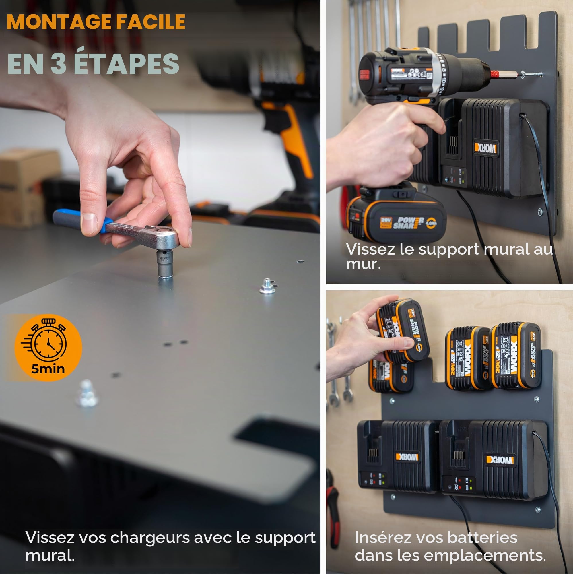 Wandfest® Worx Support mural pour 4 batteries et chargeurs Worx - Fabriqué en Autriche - Pour 4 batteries - Maintenant plus d'ordre dans l'atelier et le garage