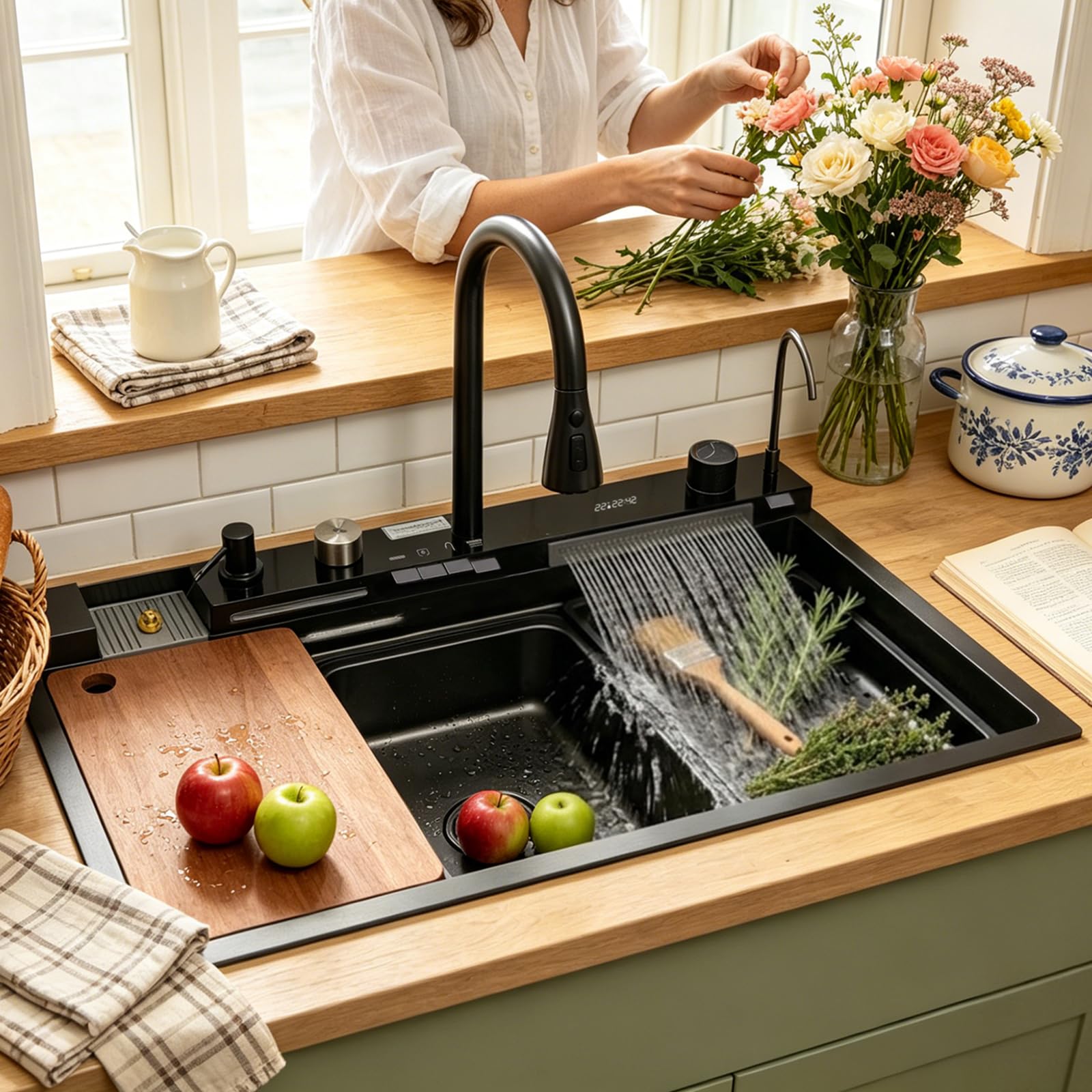 ZQFHSX Black Stainless Steel Kitchen Sink, Waterfall Single Bowl Workstation multifunctional Top-Mount Nano Coating Bar Sink with Pull-Out Faucet, Siphon, Overflow and Drain set(Black#4A