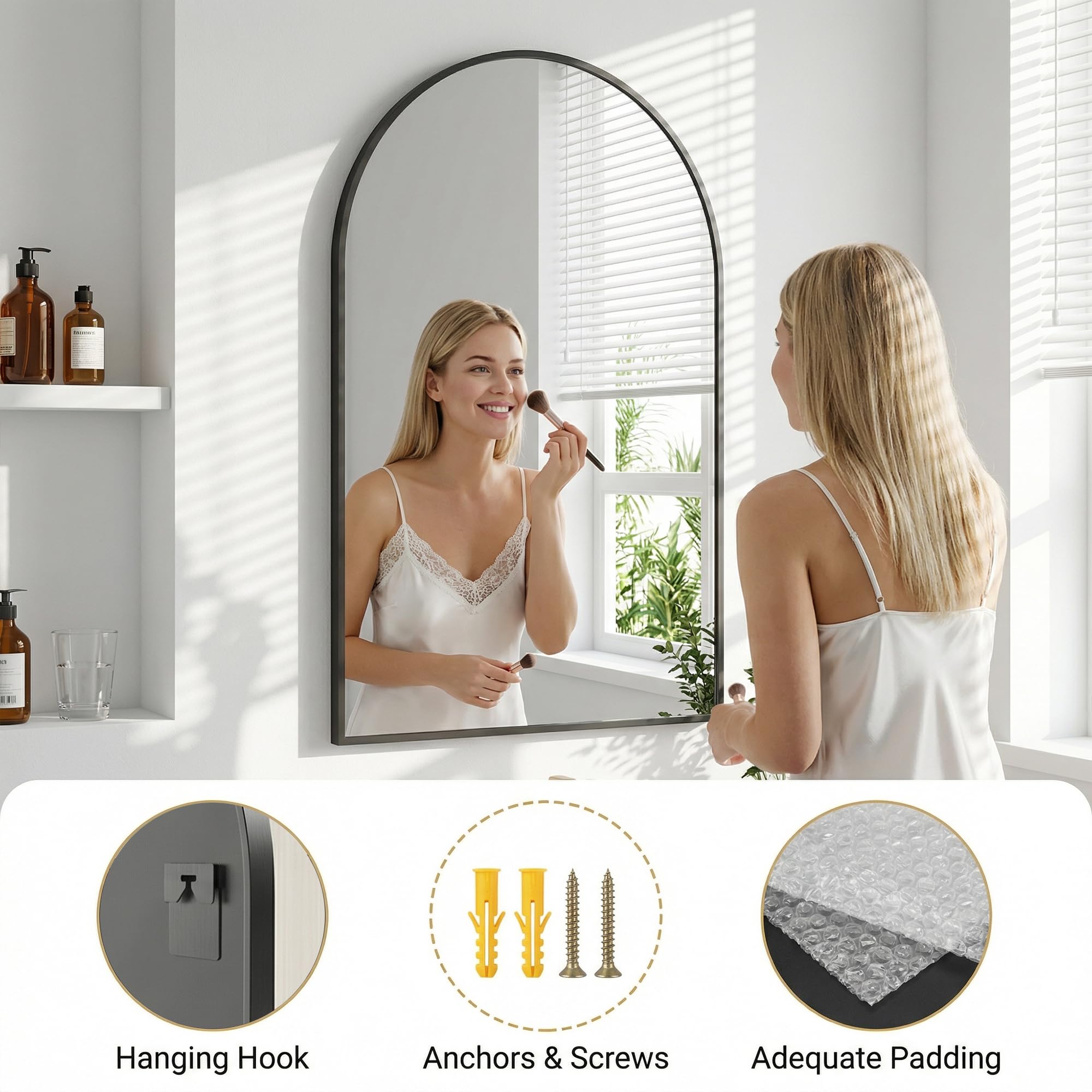 Antok - Miroir de salle de bain à arc, miroir mural 60 x 90 cm, miroirs de vanité pour au-dessus de l’évier, miroirs de salle de bain avec cadre en alliage d’aluminium pour salon, chambre et entrée