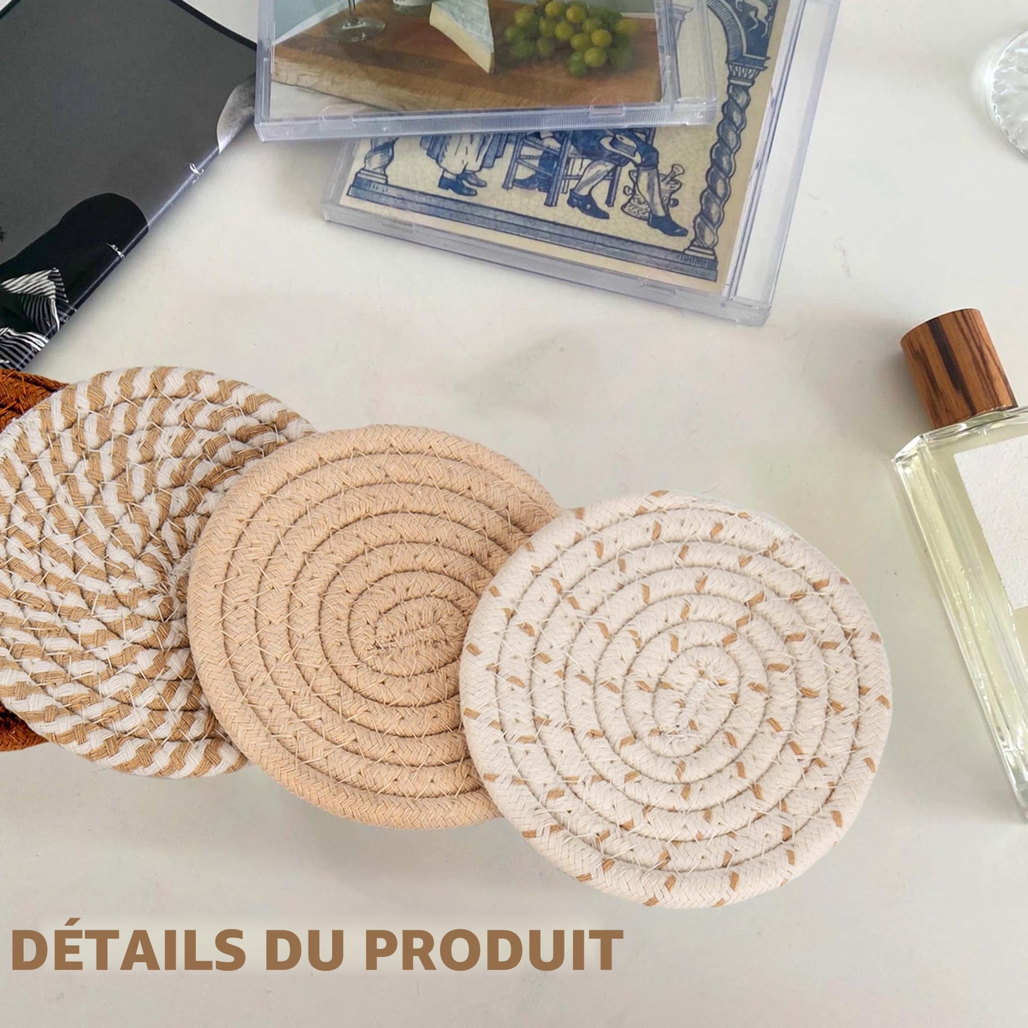Lot de 8 Dessous de Verre Ronds avec Support - Antidérapants en Coton Tressé pour Verres (Jaune)