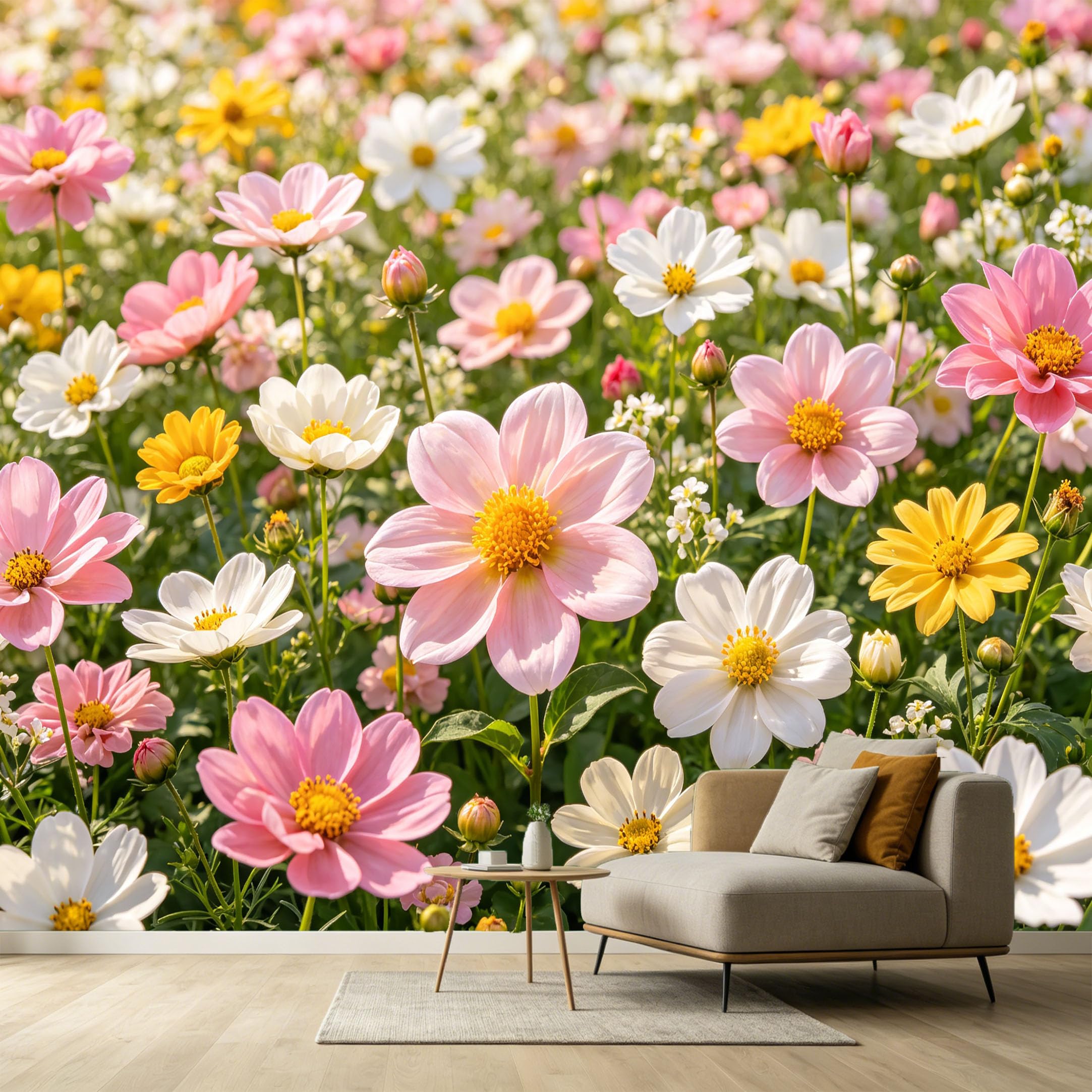 Custom Size Wall Murals Pink White Yellow Cosmos Flowers Botanical Watercolor Painting SelfAdhesive Wall Fabric Removable Large Wallpaper for Photo Living Room