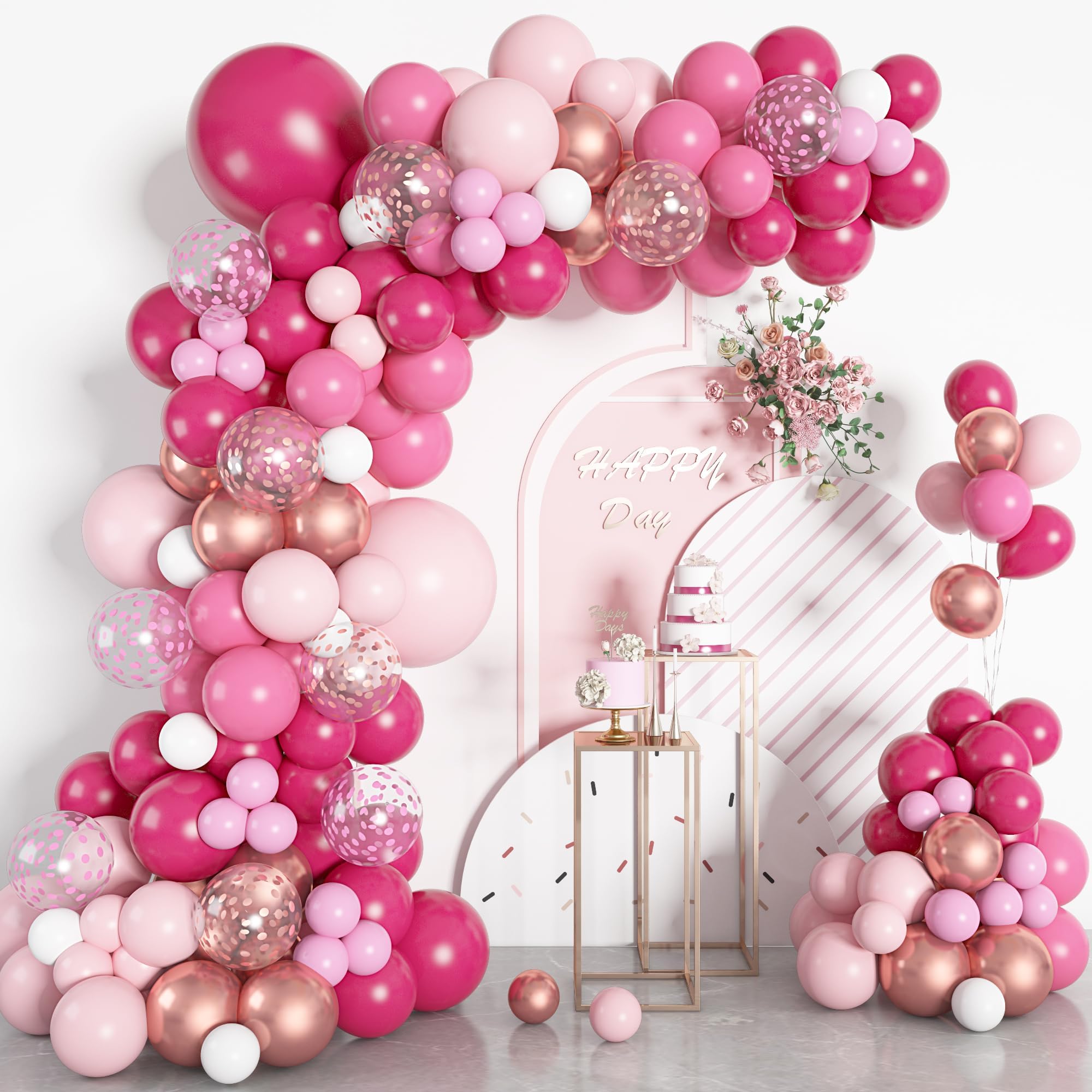 156Pcs Pink Balloon Garland Arch Kit, Hot Pink Metallic Rose Gold Chrome Confetti Balloons for Wedding Women Birthday Princess Theme Bridal Baby Shower Day Party Decorations