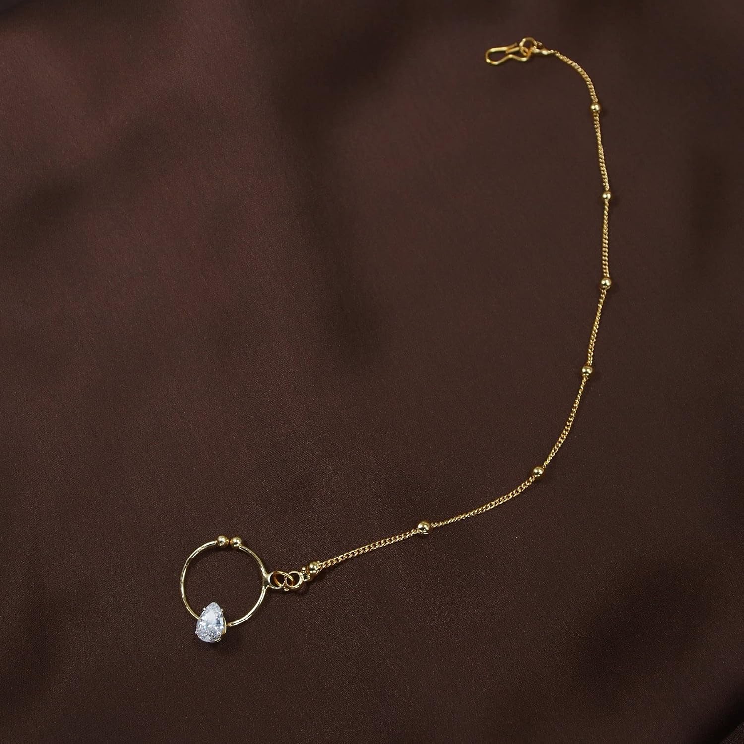 I Jewels 18k Gold Plated Indian Wedding Bollywood Ethnic Bridal Nose Ring/Nath Without Piercing with Chain Encased with Pearl Stone for Women (NL44)