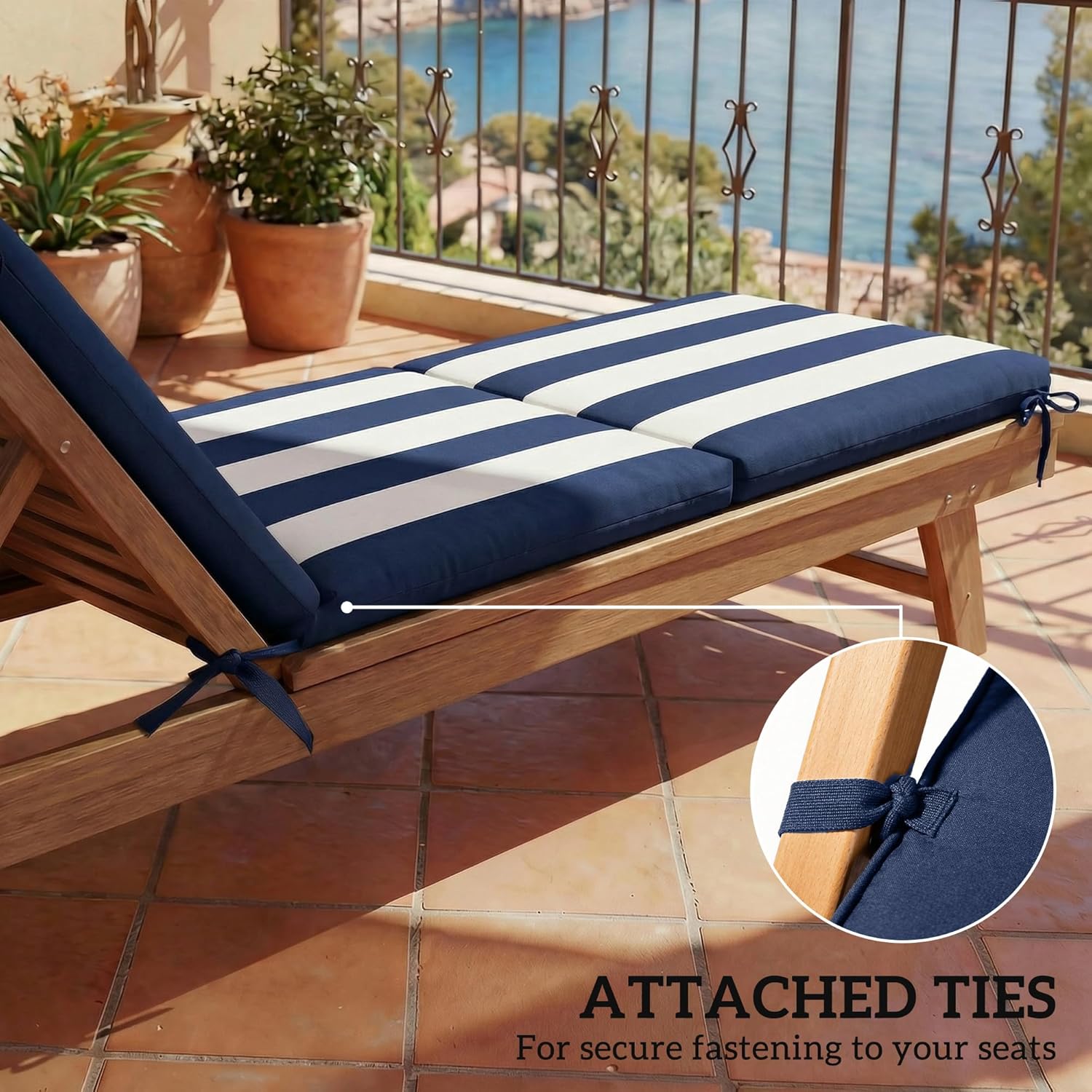 Outsunny Outdoor Chaise Lounge Cushions Set of 2, Chaise Lounge Cushions with 6 Ties, High-Density Foam, 72 x 21.1 x 2.6 Inch Water-Repellent and UV-Resistant for Patio, Poolside, Dark Blue and White