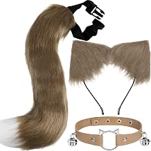 Cat Ears and Tail,Wolf Fox Ears Long Tail and Bell Lace Choker Set for Halloween,Animal Cosplay Party Costume