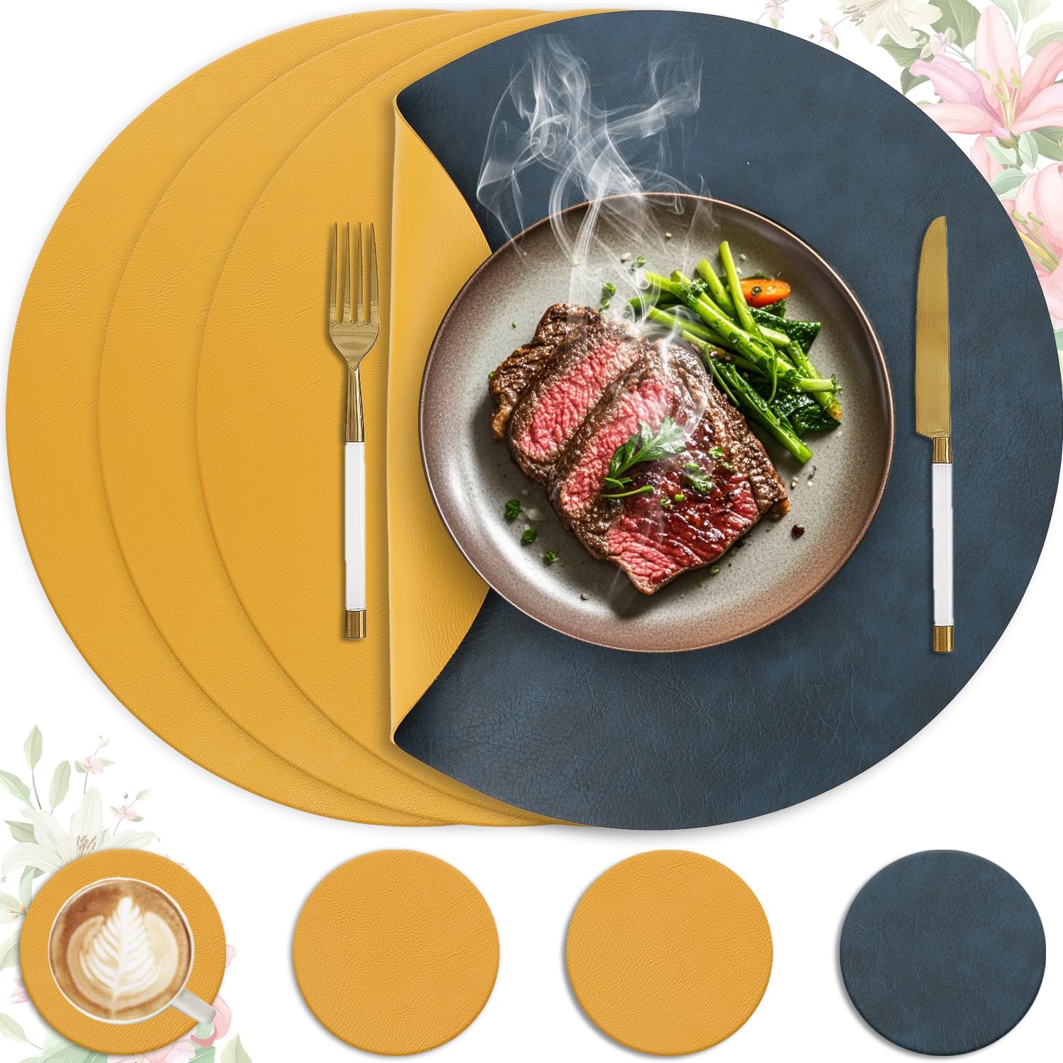 Heli MAIO Tischsets und Untersetzer 4er Set,Platzsets Abwaschbar und Doppelseitigen rutschfest Platzdeckchen,Tischset Leder Kunstleder,Platzdeckchen wasserdicht