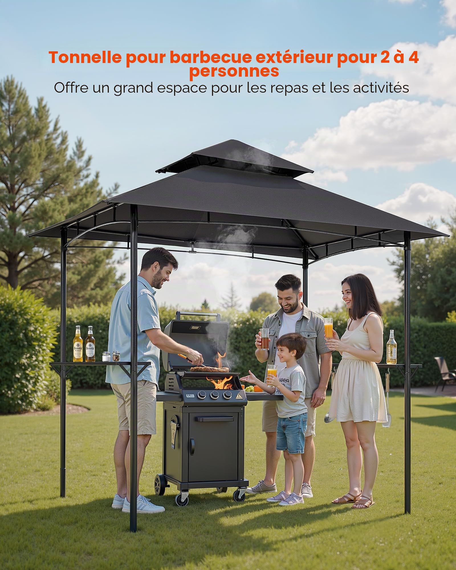 VEVOR Gazebo de Barbecue, 243 x 150 cm, Tonnelle de BBQ Extérieur avec Toit à 2 Niveaux, Abri de Barbecue de Patio en Acier à Revêtement de Poudre, pour Grillades, Fêtes, Pique-niques, Jardin, Patio