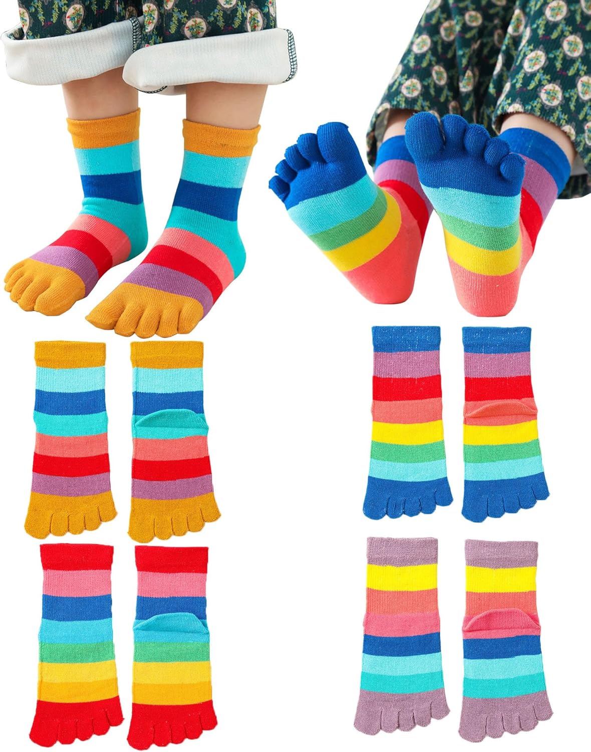 Pursuestar 4 Pairs Five Finger Toe Socks Athletic Casual Rainbow Stripe Seperated Tabi Socks for Kids Boys Girls 2-10 Years