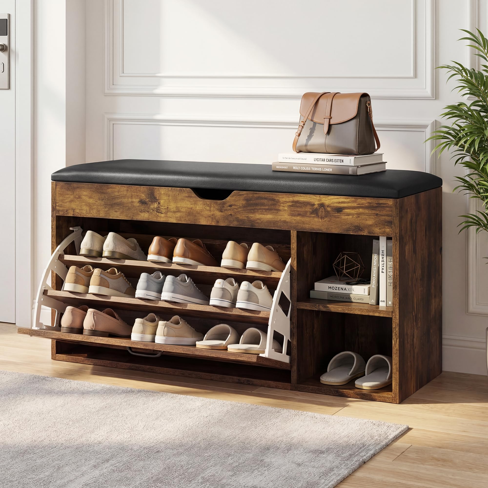 BonVache Banc à Chaussures avec Assise, Banc à Chaussures à 3 Compartiments avec Compartiment de Rangement, étagères réglables, étagère Salon ou l'entrée, Charge maximale de 150 kg, Marron Vintage