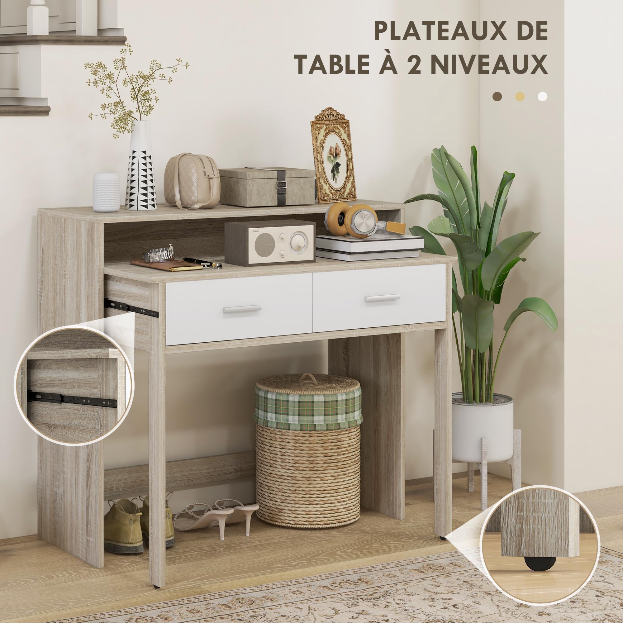 HOMCOM Table Console Plateau Coulissant 95l x 35P x 87H cm Aspect Chêne
