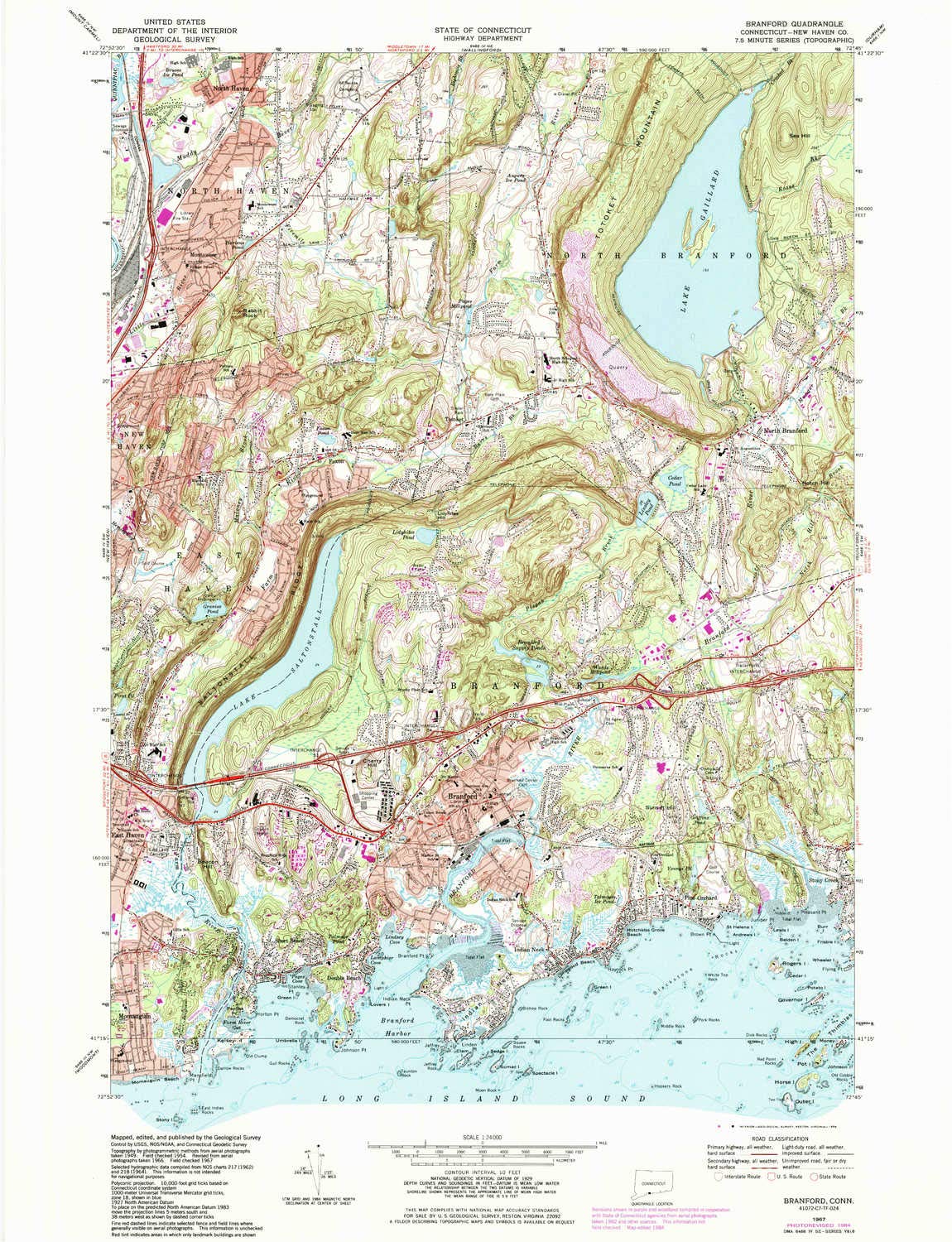 YellowMaps Branford CT topo map, 1:24000 Scale, 7.5 X 7.5 Minute, Historical, 1967, Updated 1984, 28.7 x 22 in