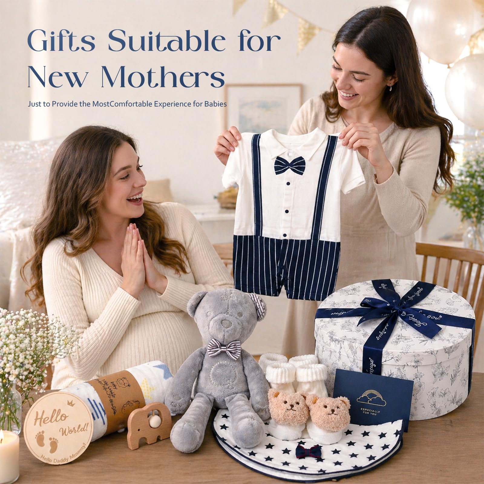 Set Regalo Neonato Nascita Bimbo, con Pagliaccetto Coperta Bavaglino Calzini Antiscivolo Sonaglio Giocattoli di Peluche Regalo Neonato Nascita Battesimo Maschio Bimba Regali Baby Shower Unisex