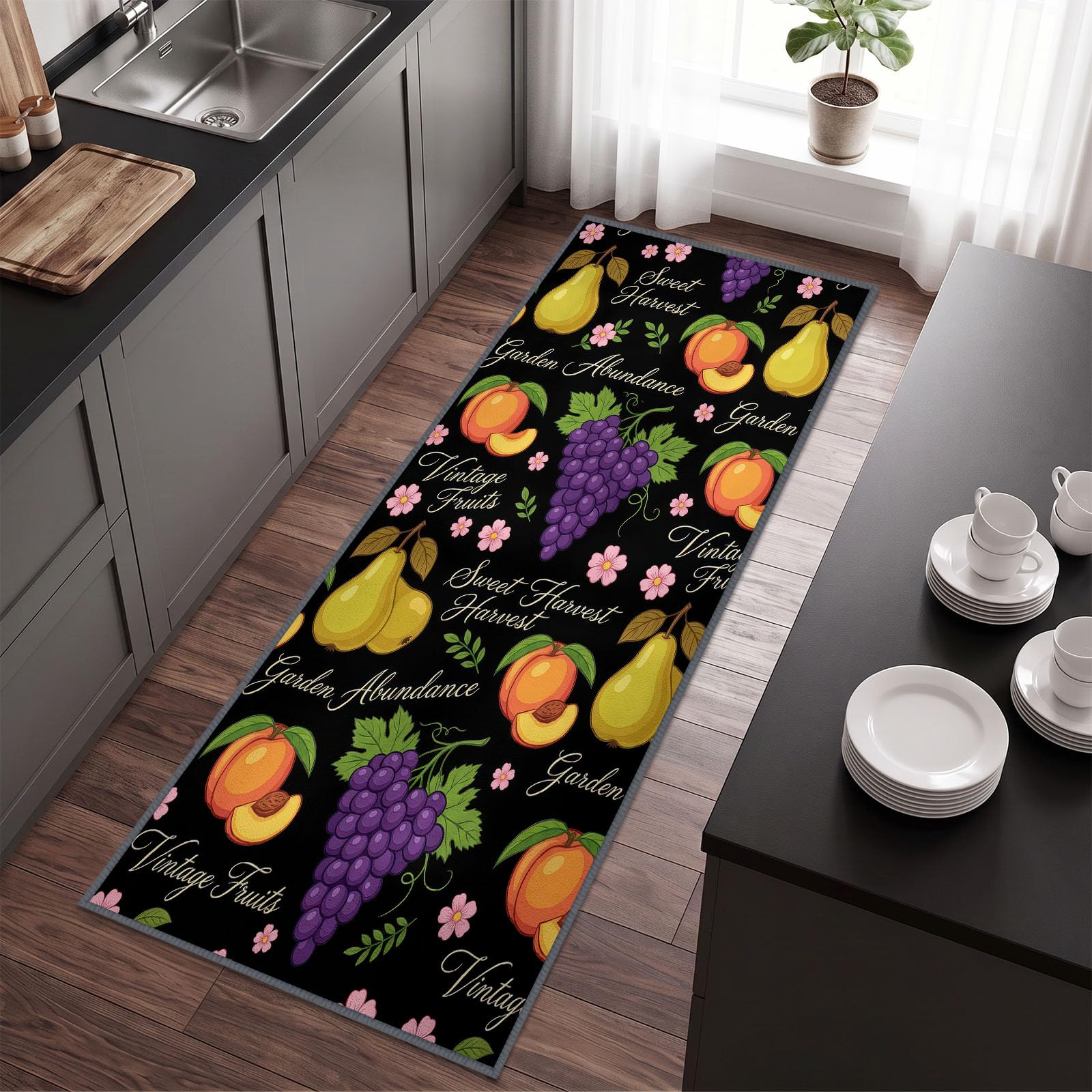 Birnen Nektarinen Trauben Grüne Blätter Teppich Läufer Flur 75 x 200 cm