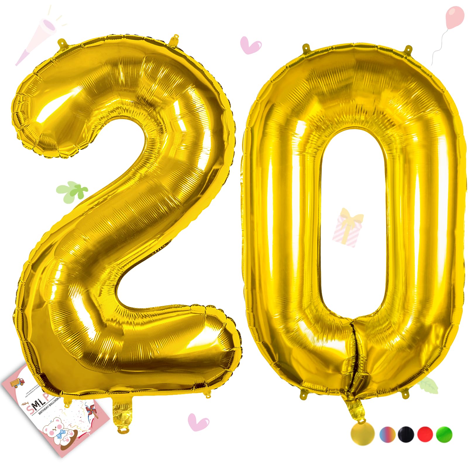 Smlpuame Gold Number 20 Balloons, 40 Inch Large Foil Balloon 0-9 Helium Digital Balloons, Self Inflating Number Balloon for 20th Birthday Party Celebration Decorations Supplies Wedding Anniversary