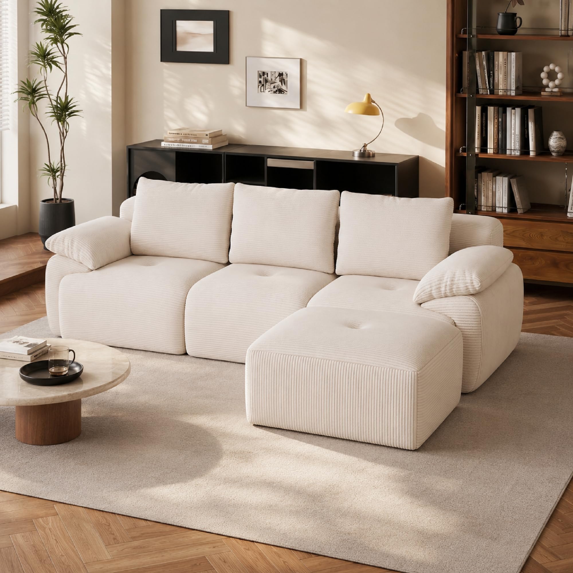 Sofá de esquina en forma de L, modular de 3 plazas, sofá apilable, combinable de forma flexible, tapizado en terciopelo acanalado, beige