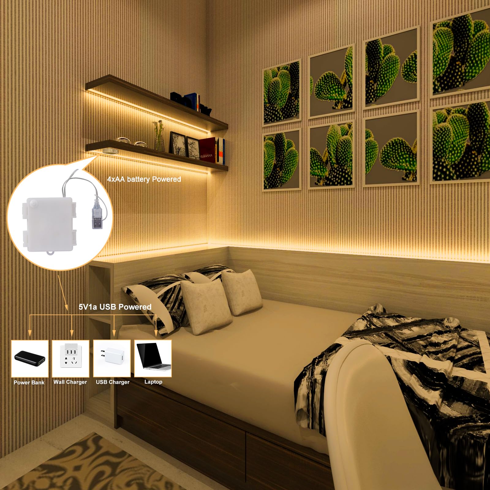 OMIKA Striscia LED COB, senza fili, 2700 K, bianco caldo, alimentate a batteria, 640 LED, 6,56 m, con telecomando, timer dimmerabile, flessibile, tagliabile, luci a nastro per armadietti, mensole e