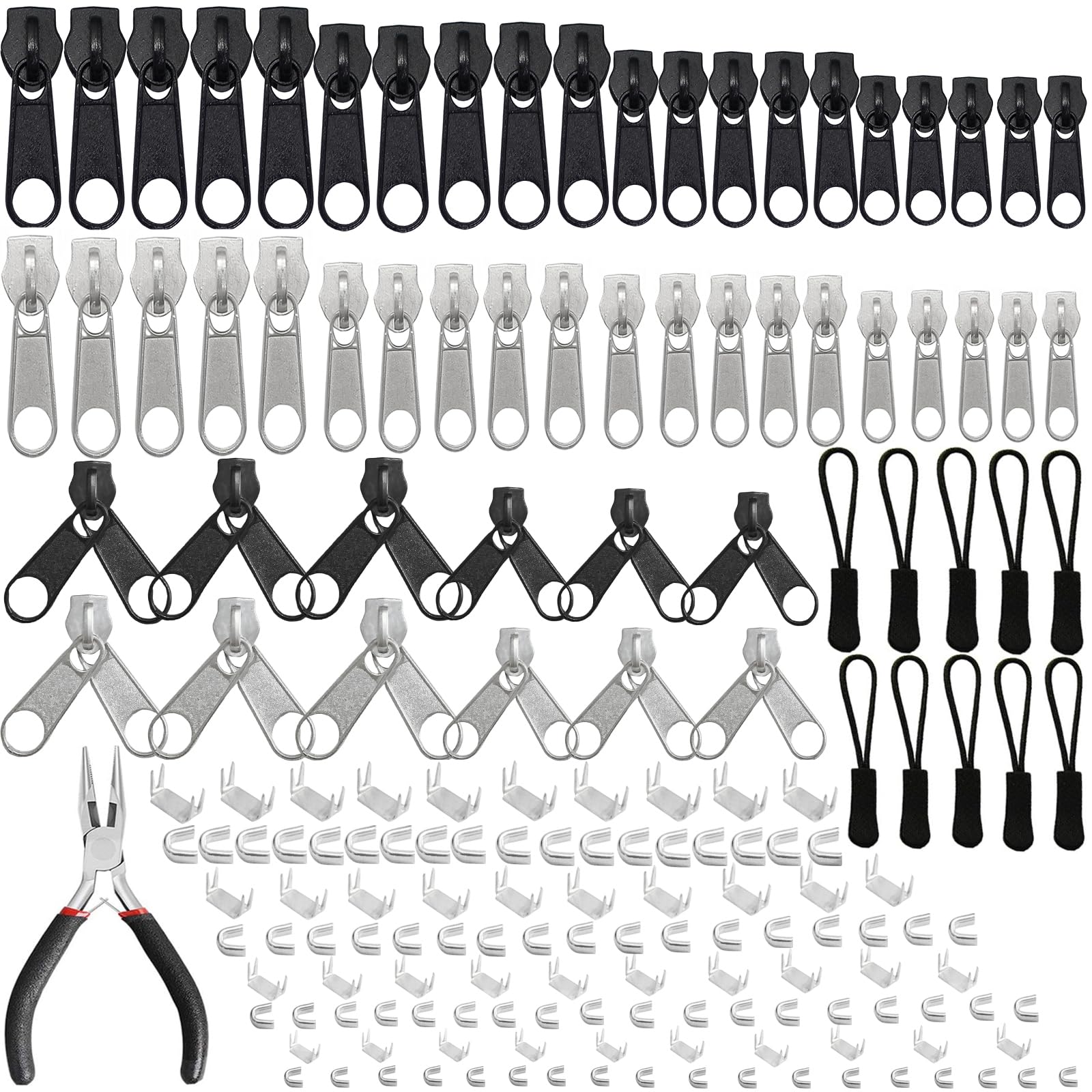 Fbshicung 185Pcs Zipper Repair Kit Silver and Black Replacement Zipper Pulls,Zipper Install Pliers Tool,Bottom Stop and Top Stop and Zipper Extension Pulls for Bags Clothes Jackets Tents